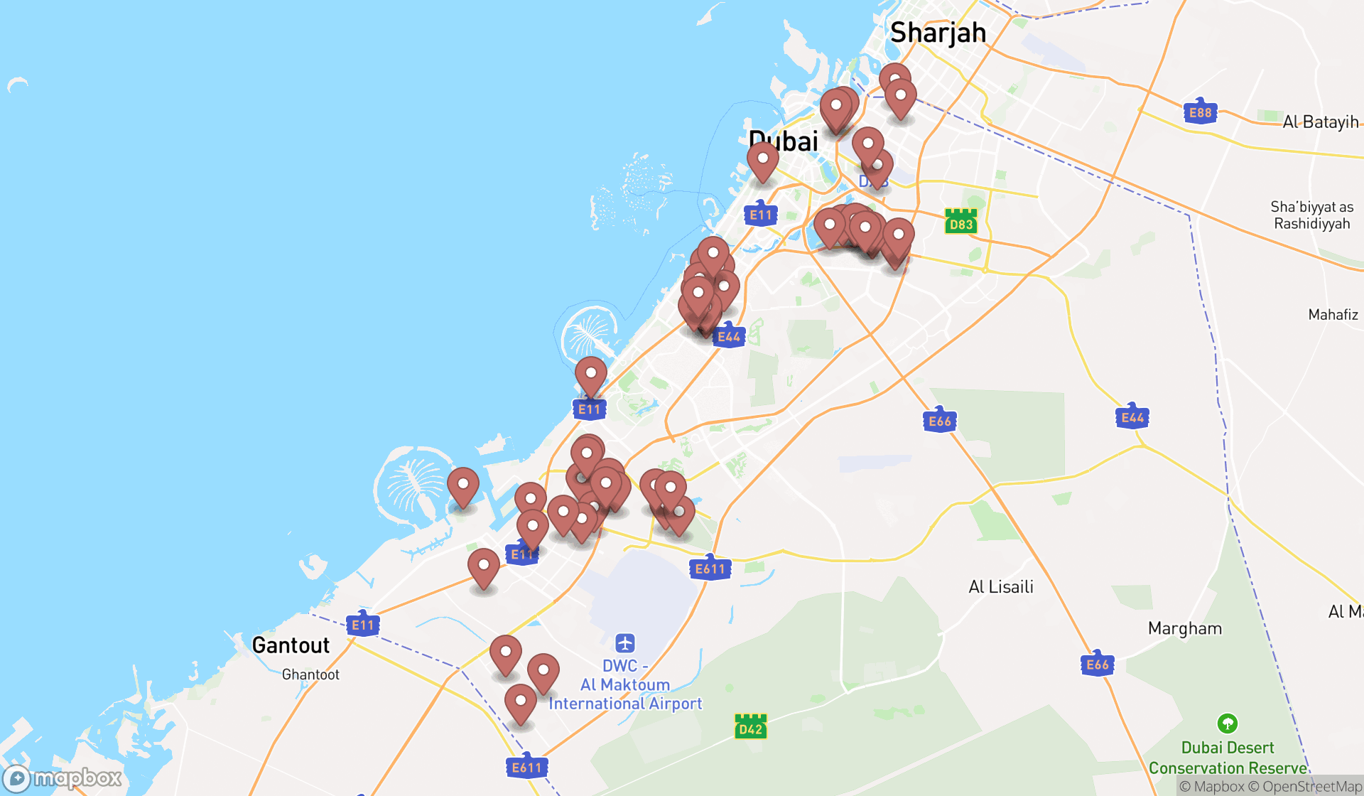 Map showing the search results in Dubai