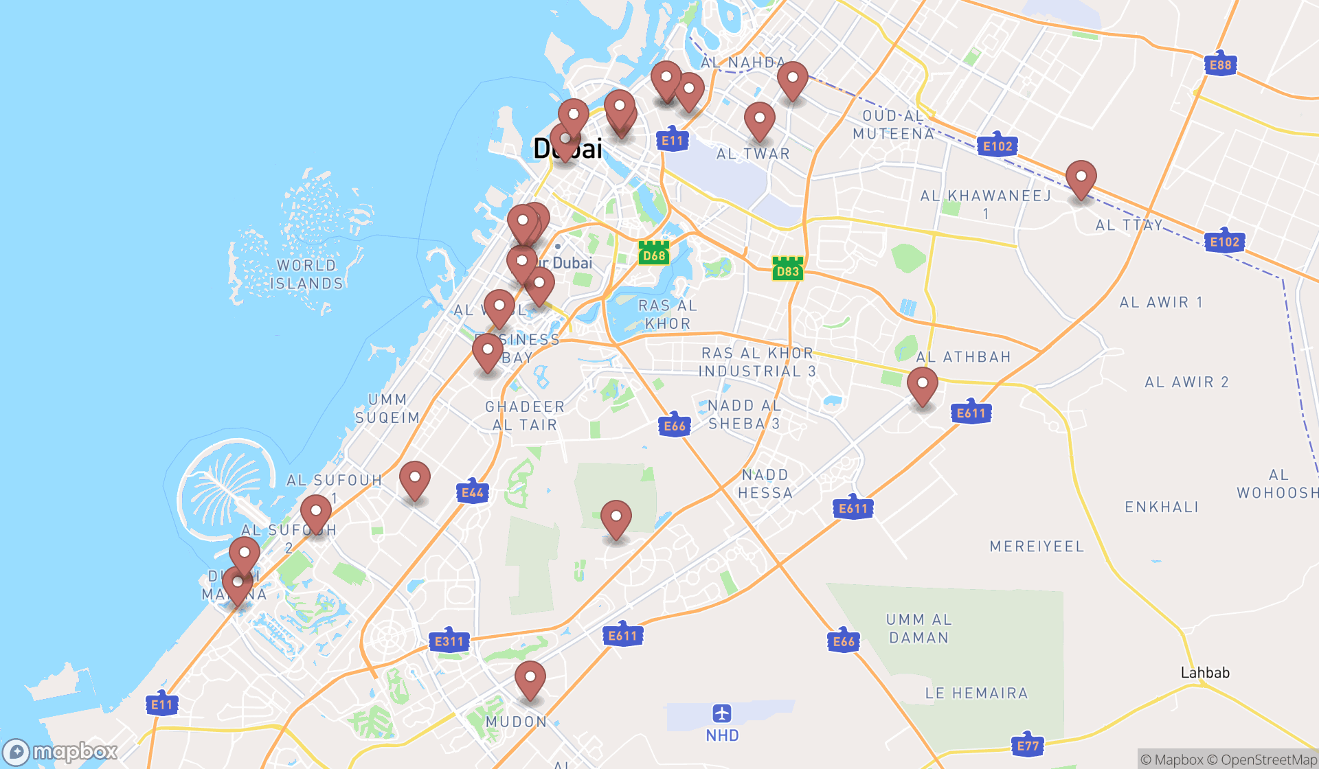 Map showing the search results in Dubai