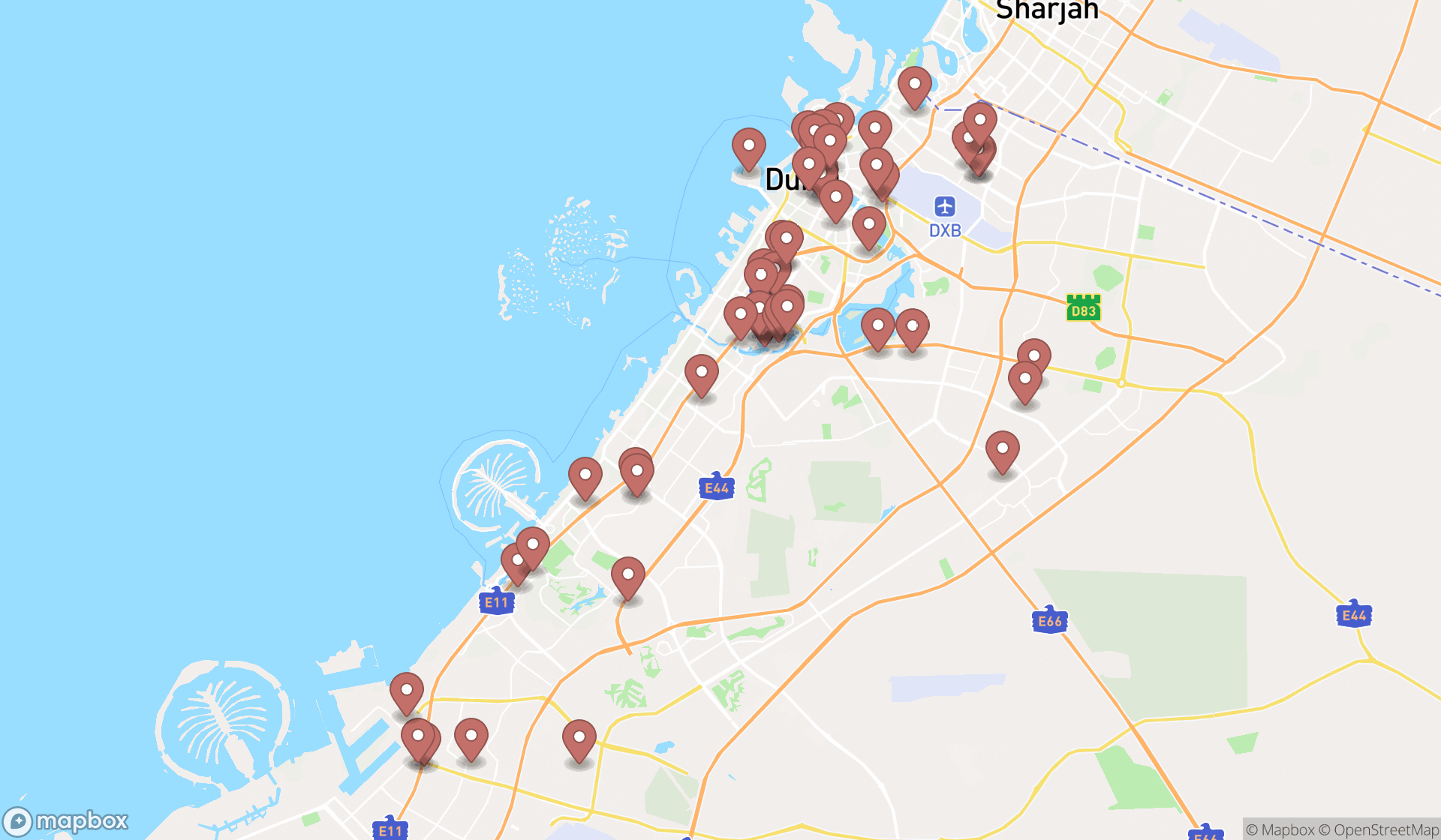 Map showing the search results in Dubai