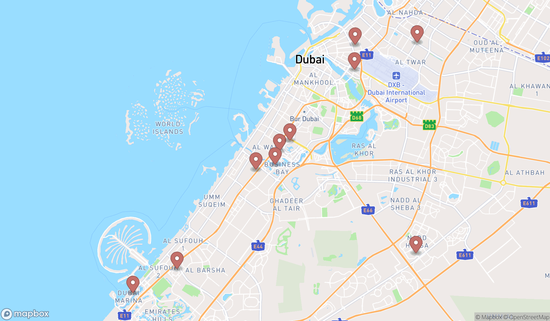 Map showing the search results in Dubai