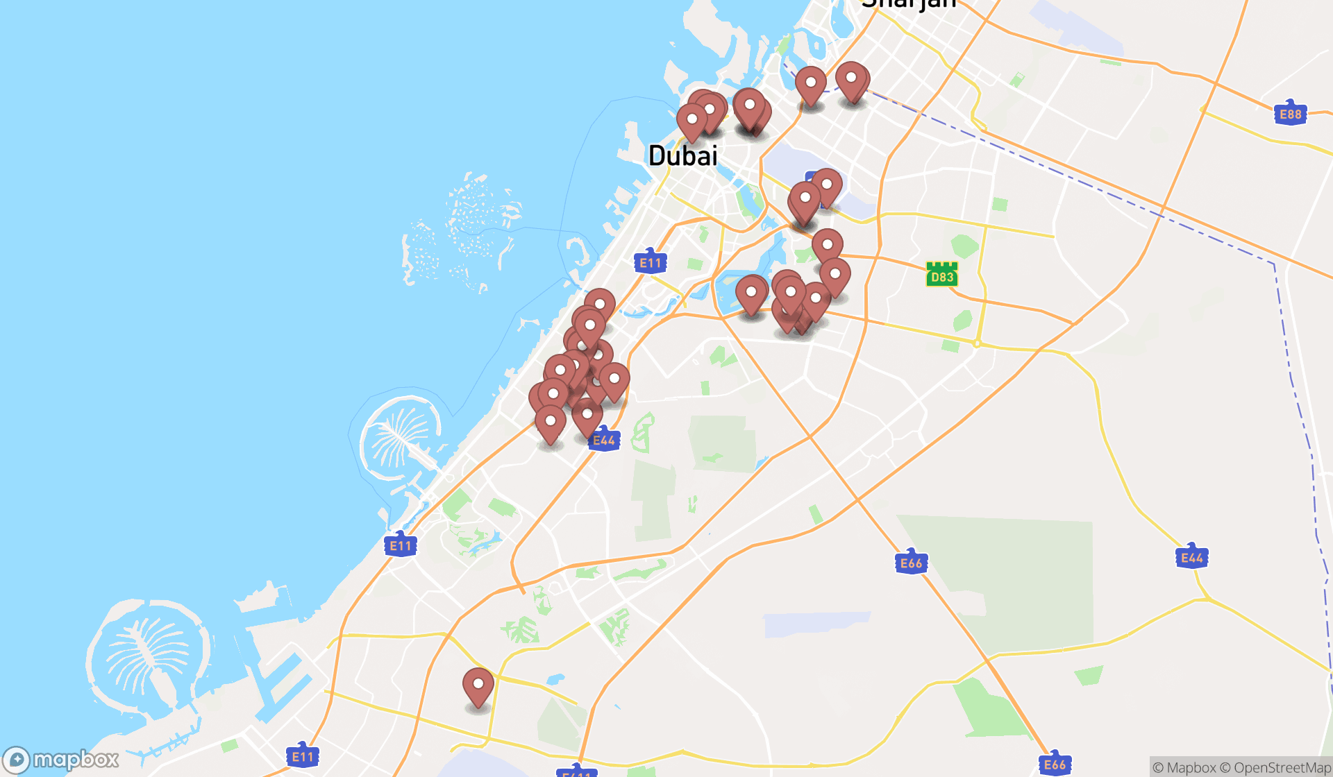 Map showing the search results in Dubai