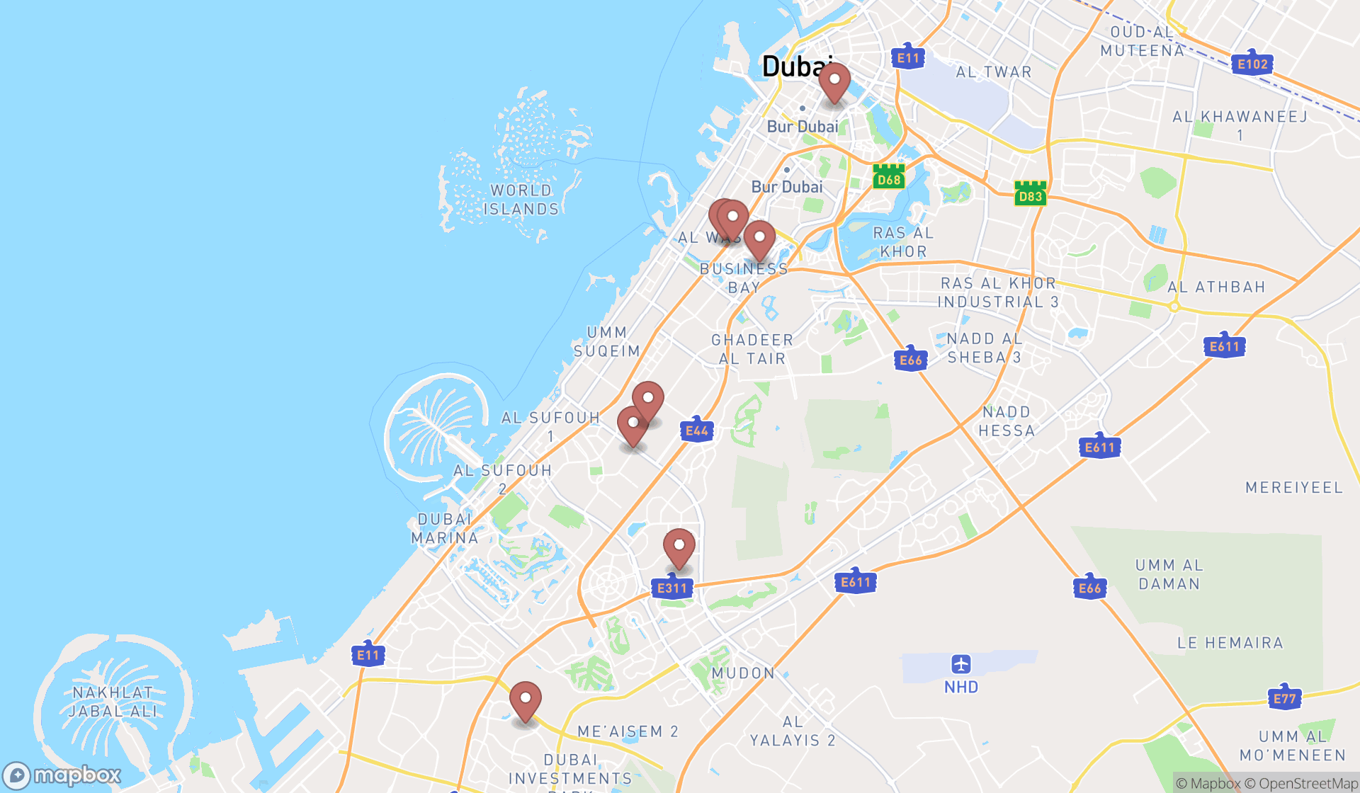 Map showing the search results in Dubai