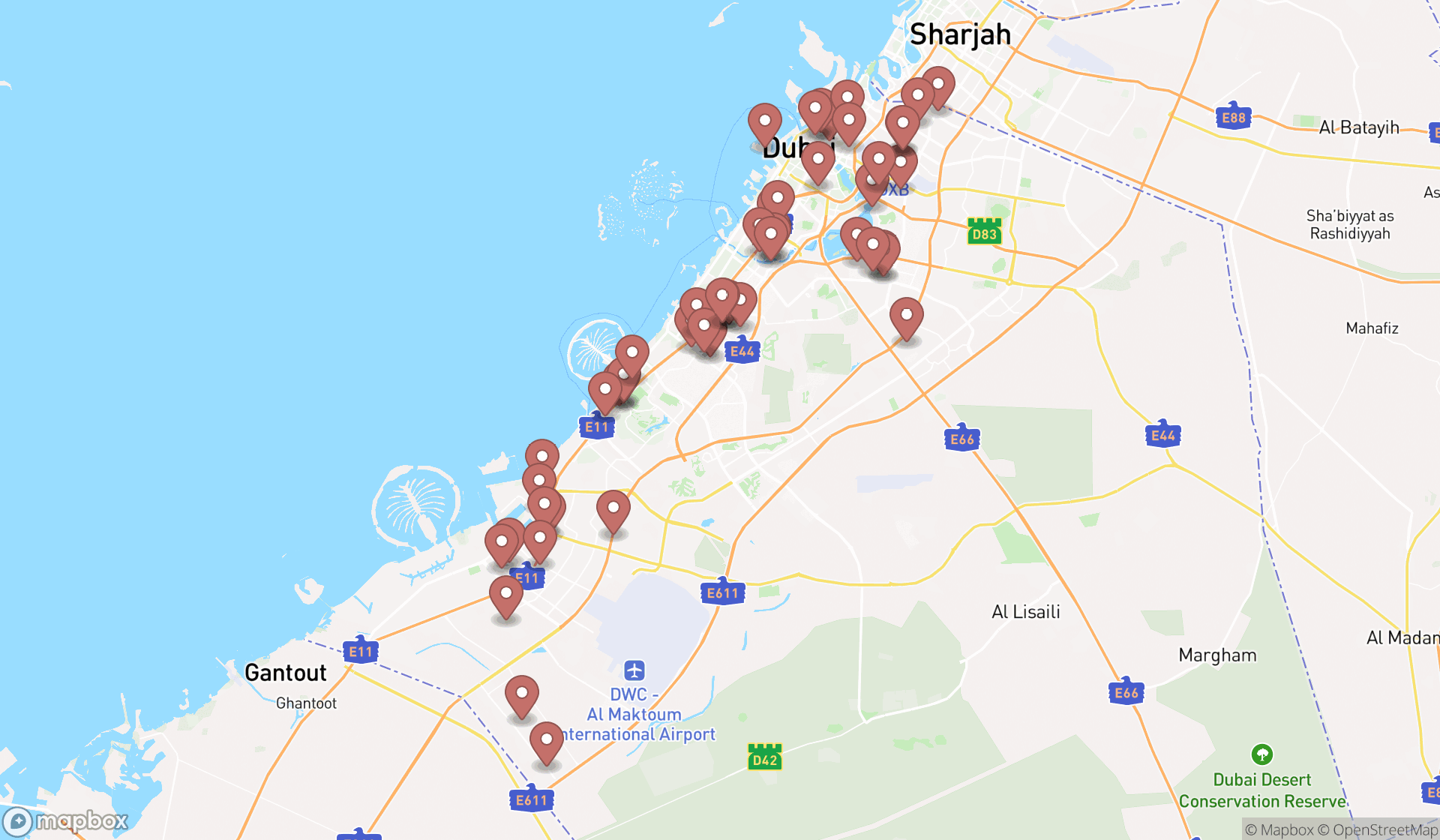 Map showing the search results in Dubai