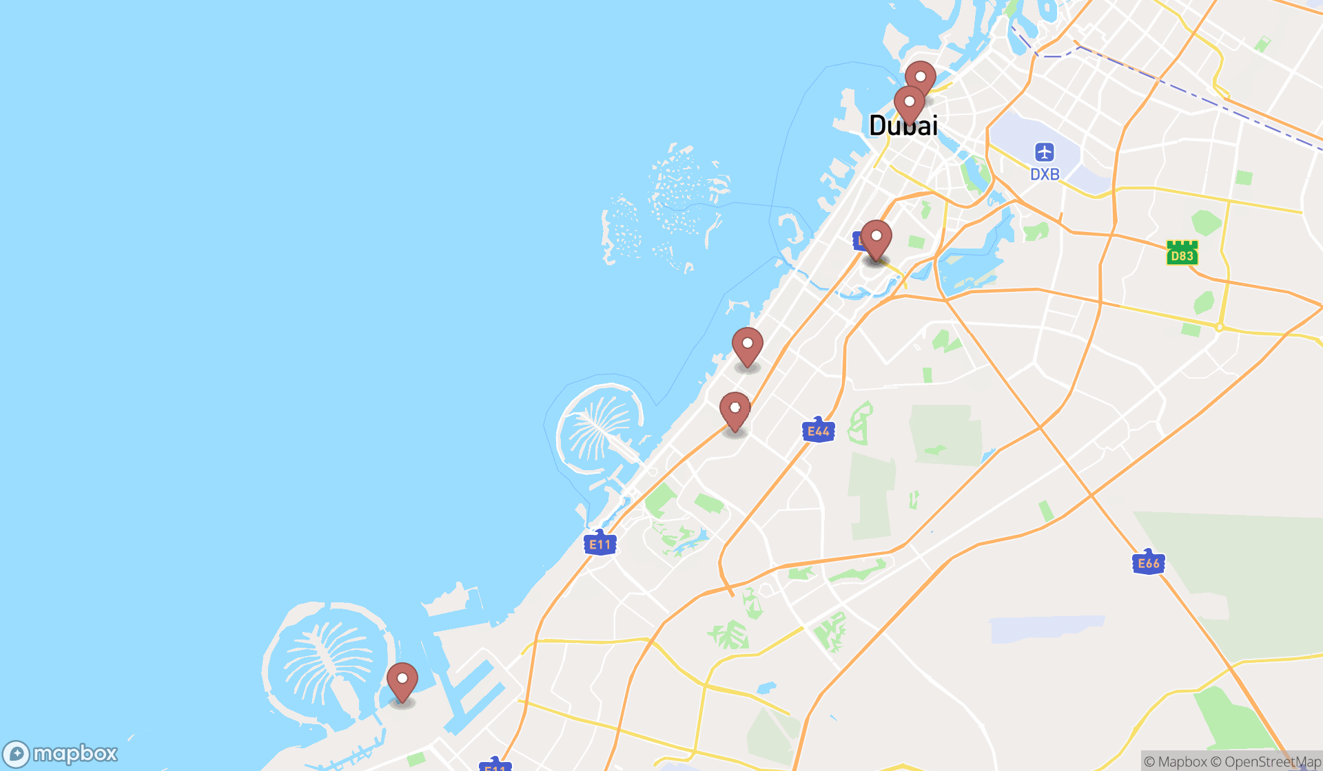 Map showing the search results in Dubai