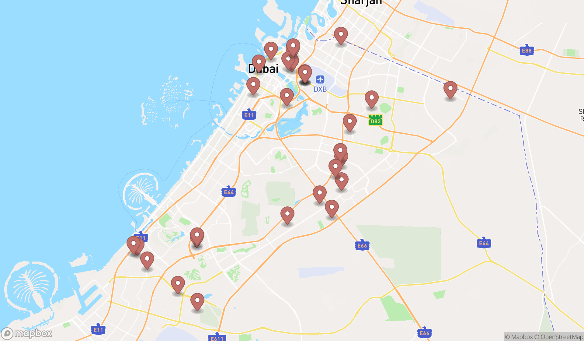 Map showing the search results in Dubai
