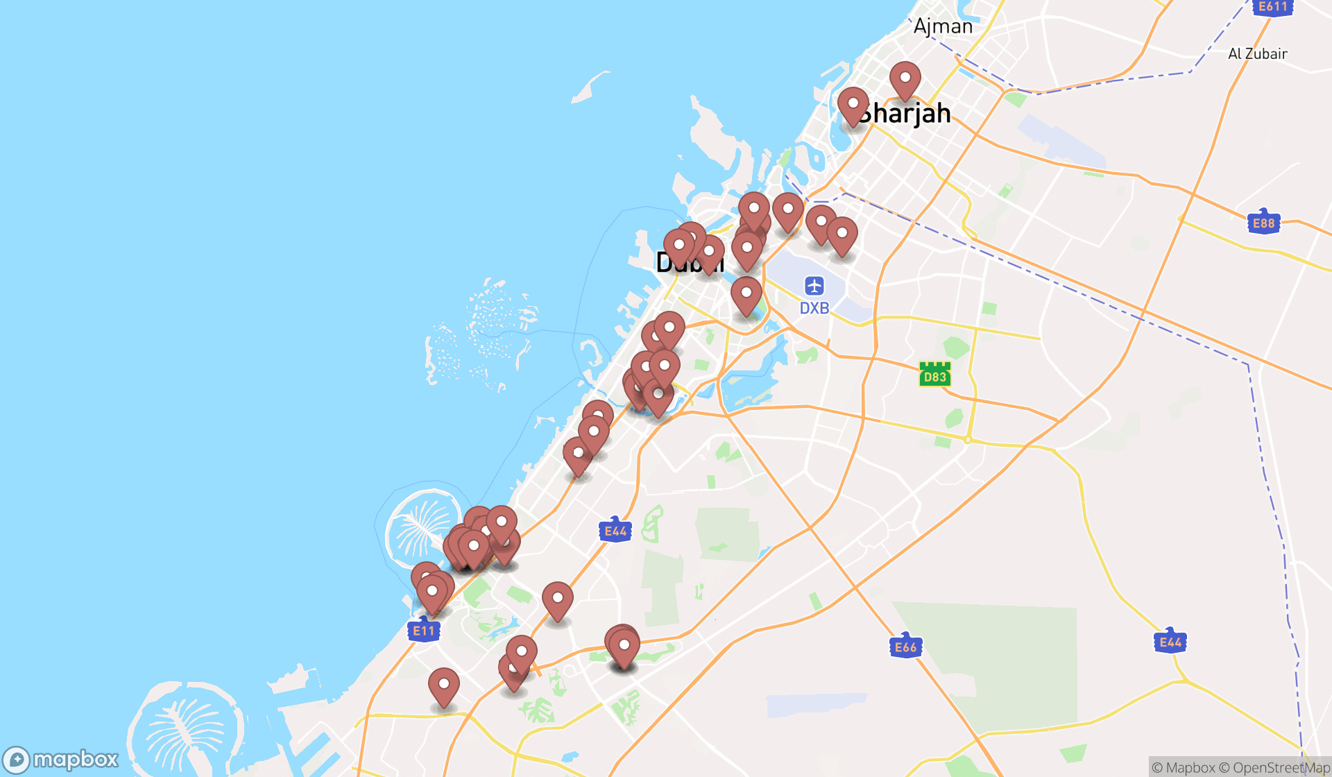 Map showing the search results in Dubai