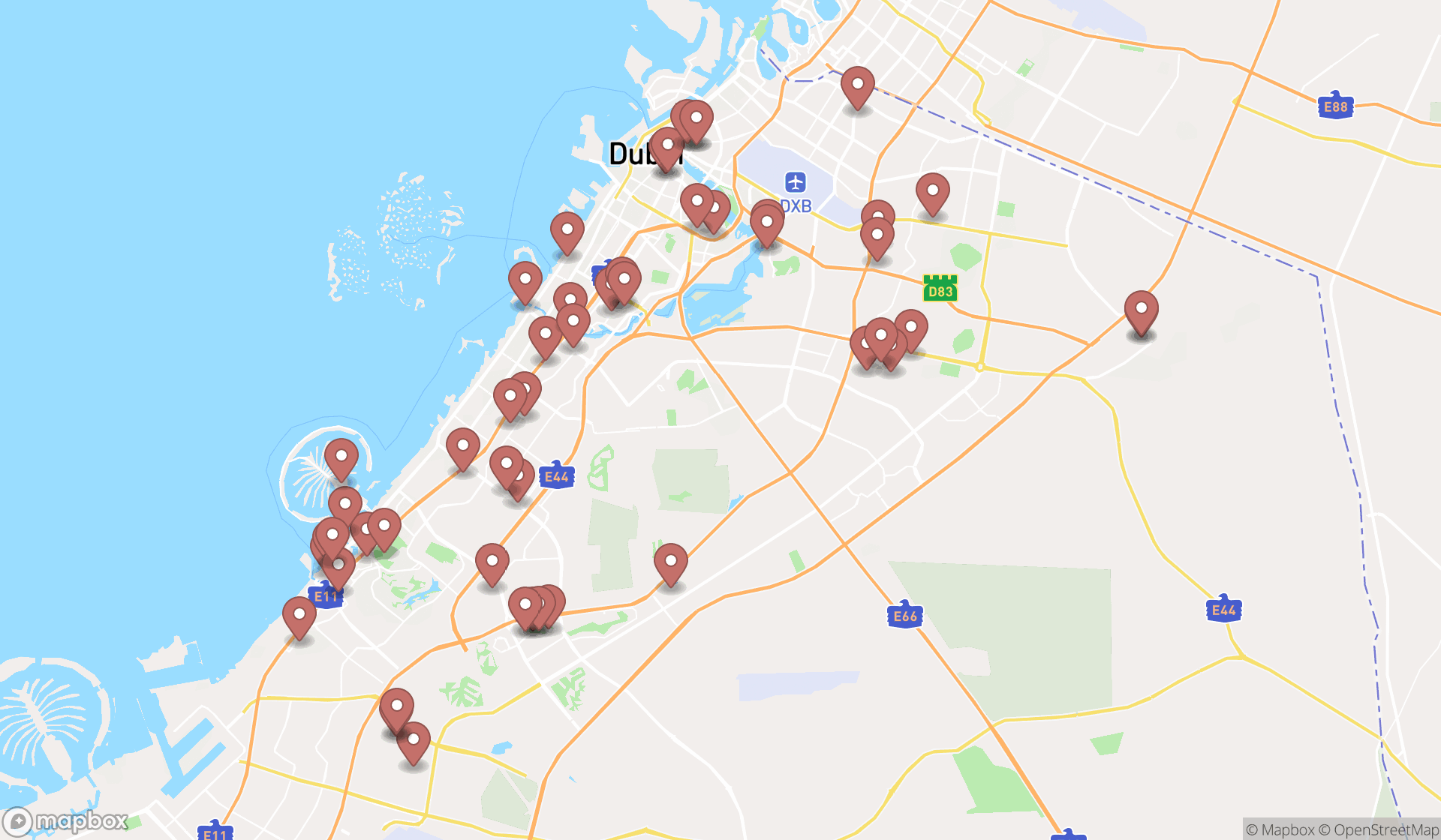 Map showing the search results in Dubai