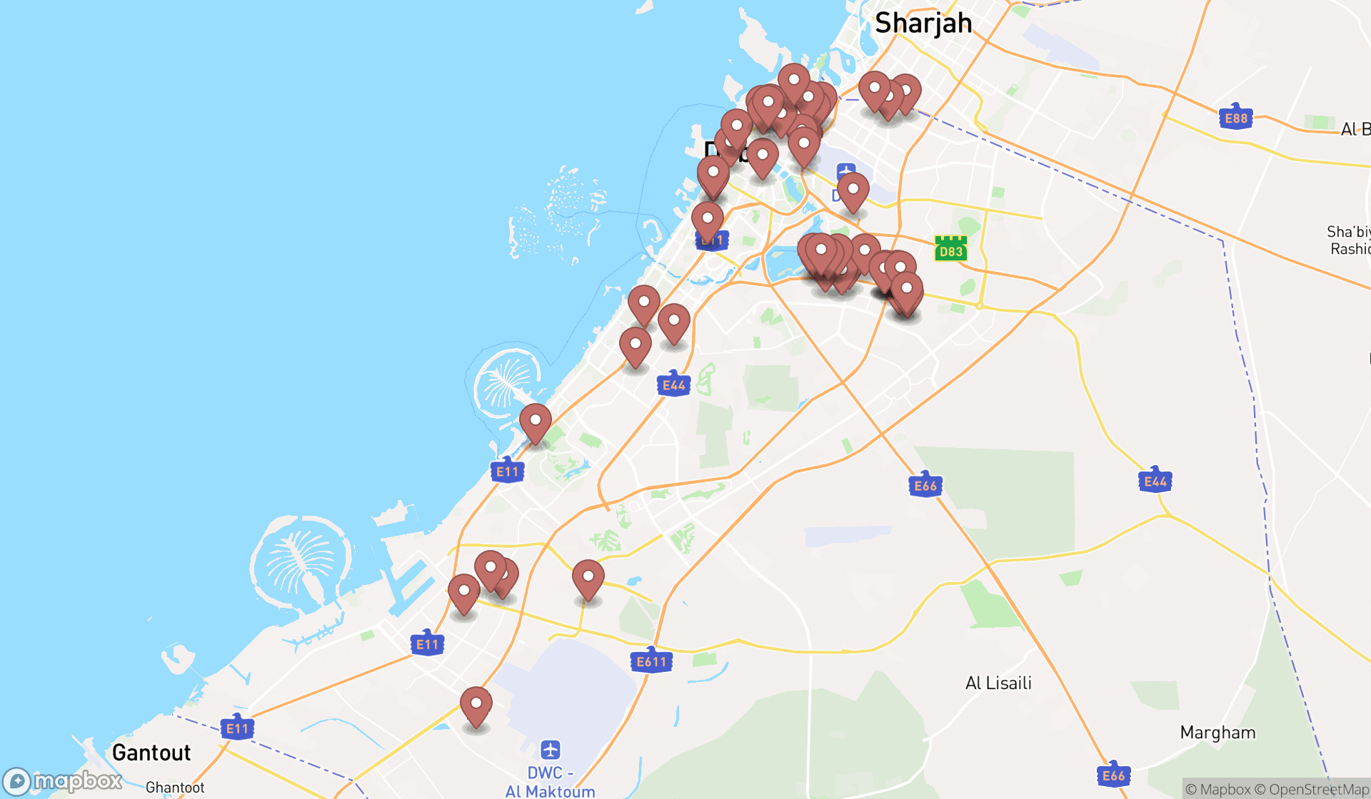 Map showing the search results in Dubai