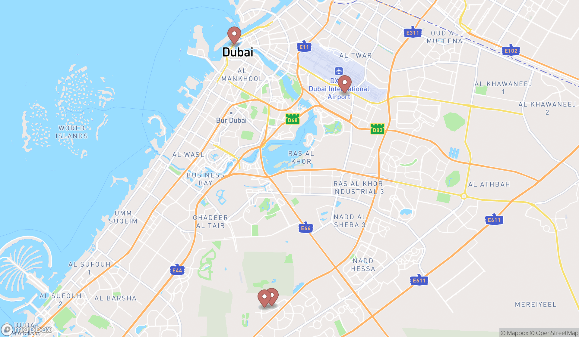Map showing the search results in Dubai