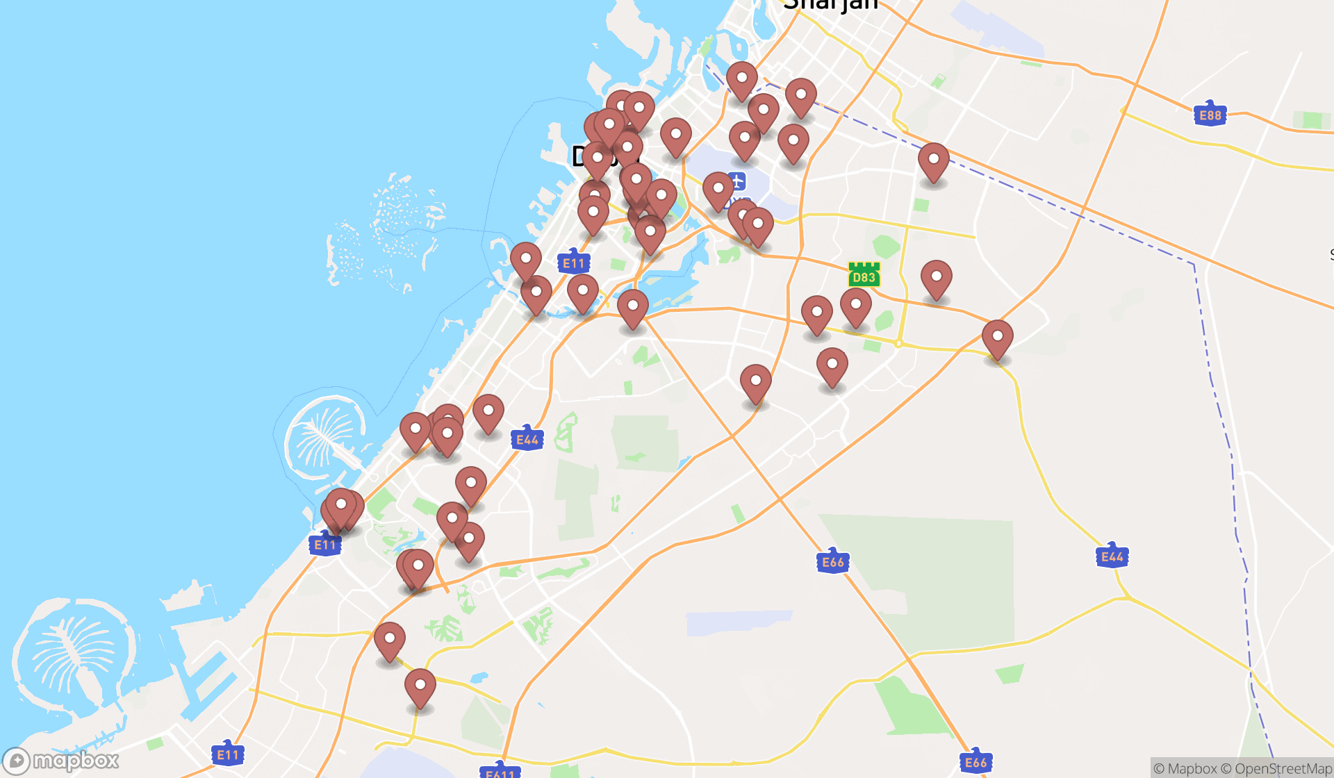 Map showing the search results in Dubai