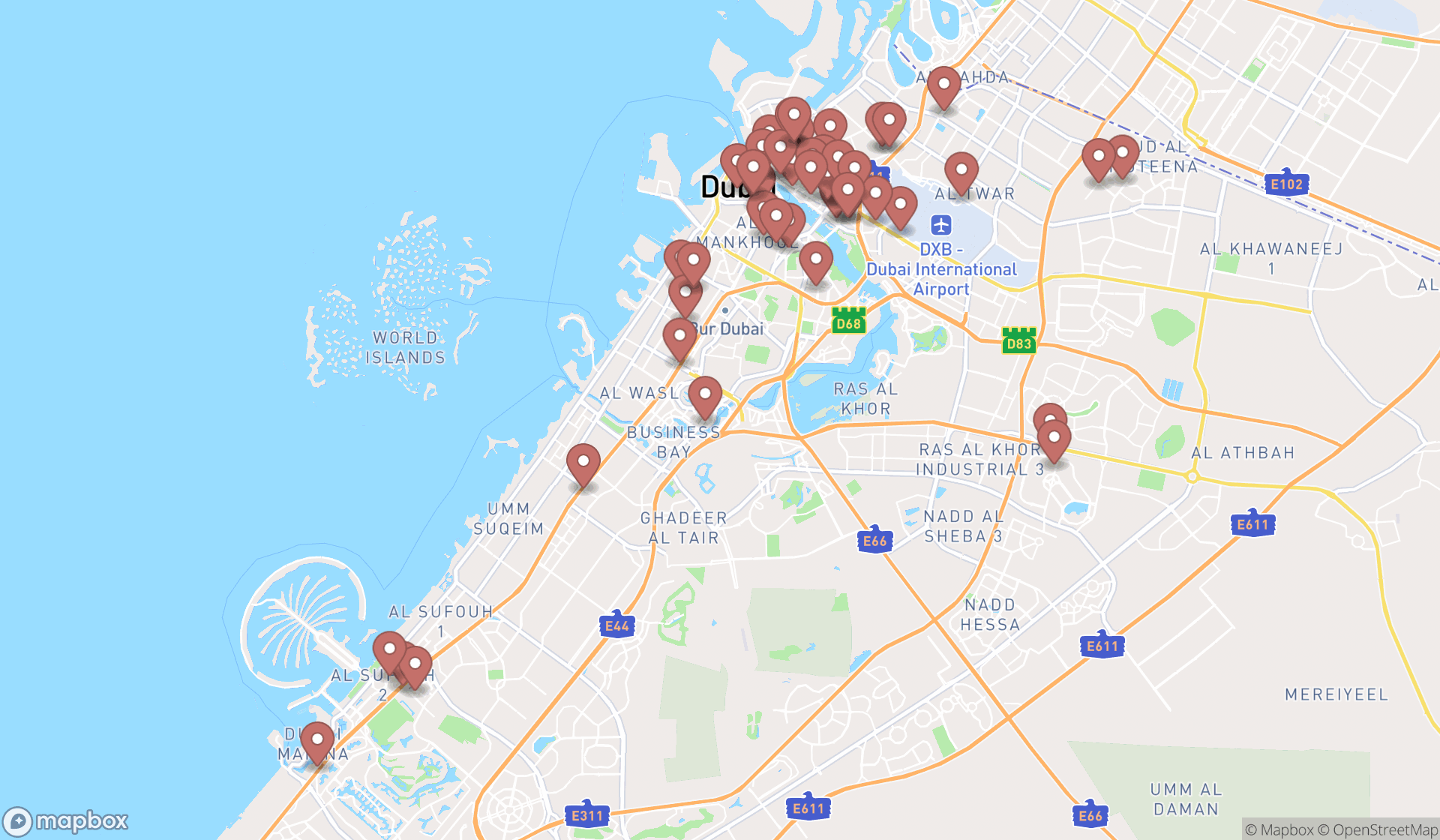 Map showing the search results in Dubai