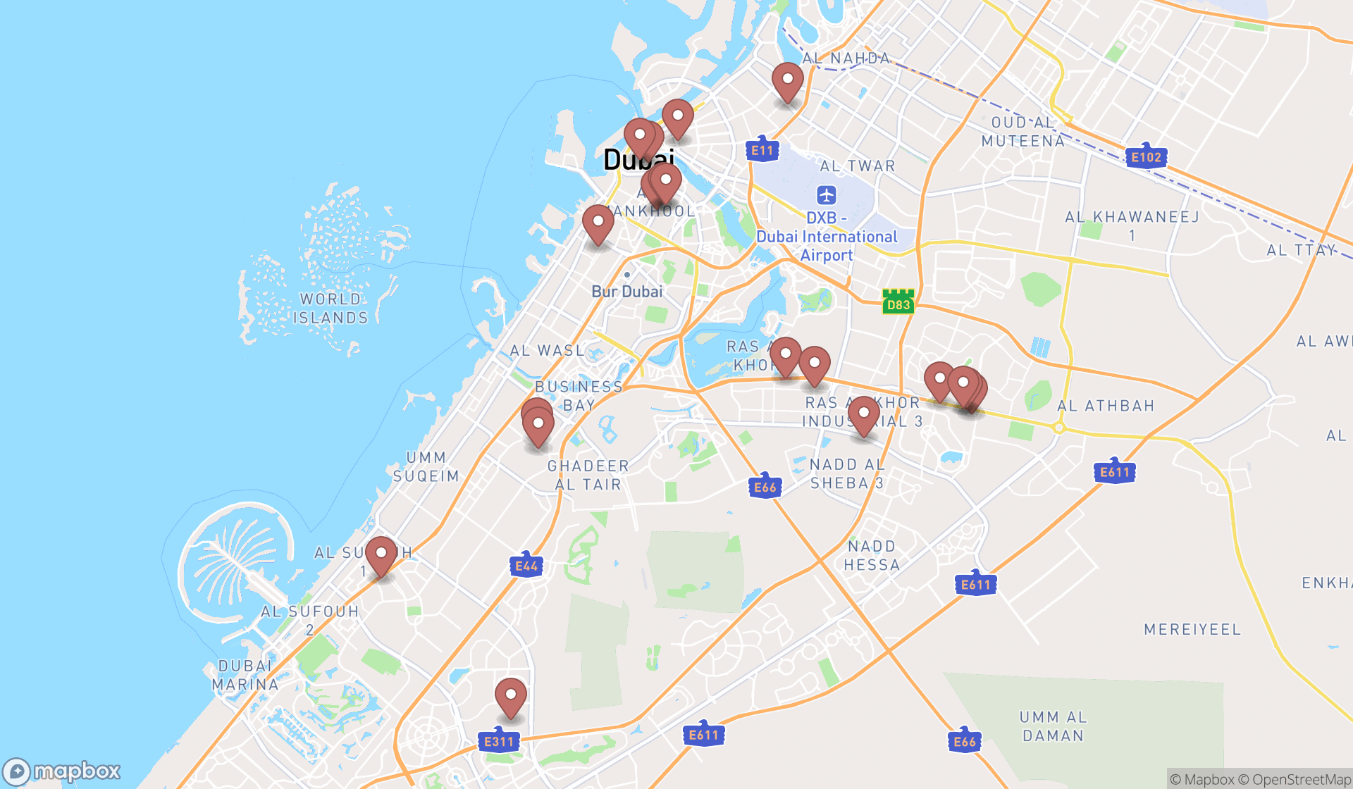 Map showing the search results in Dubai