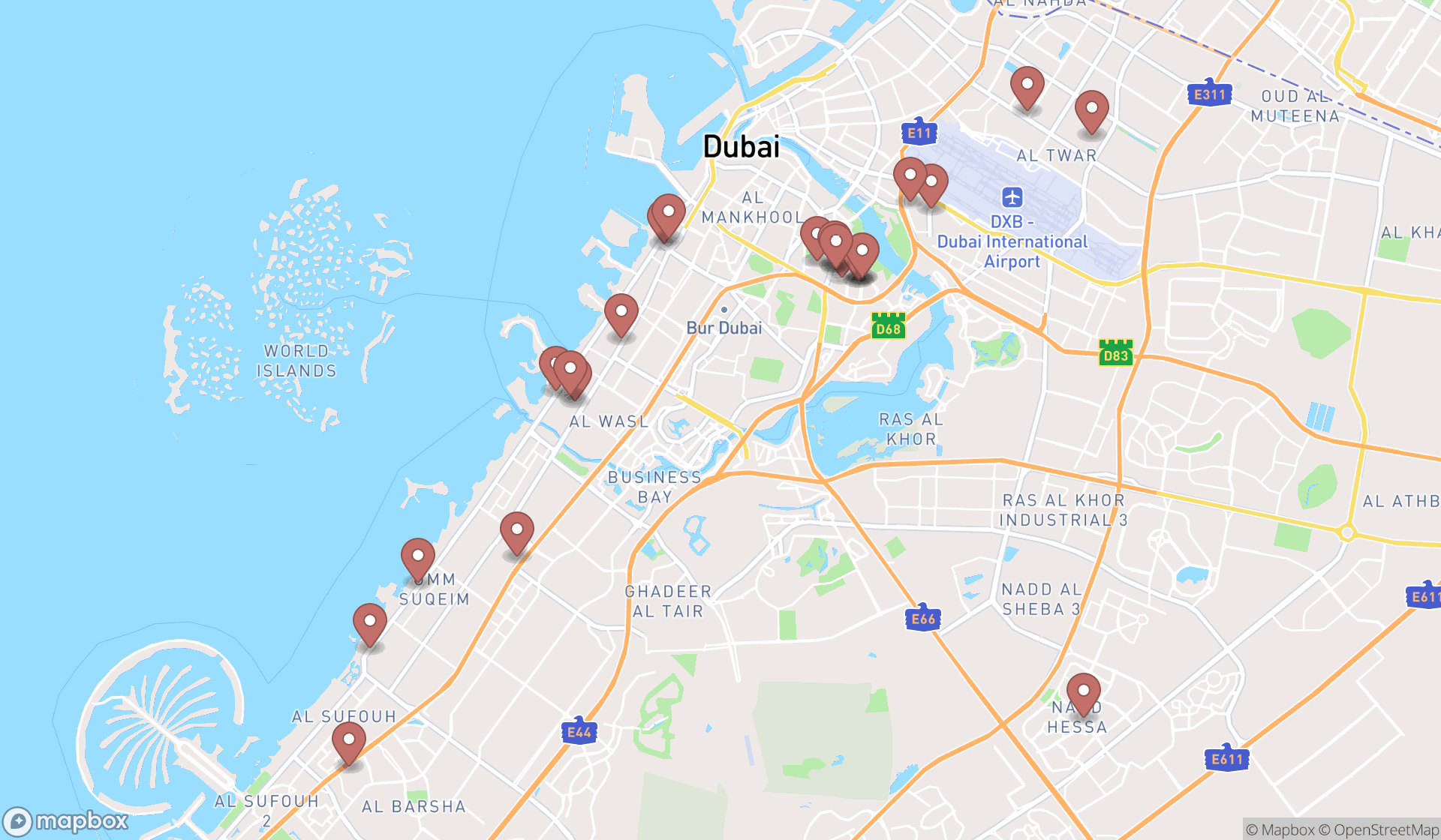 Map showing the search results in Dubai