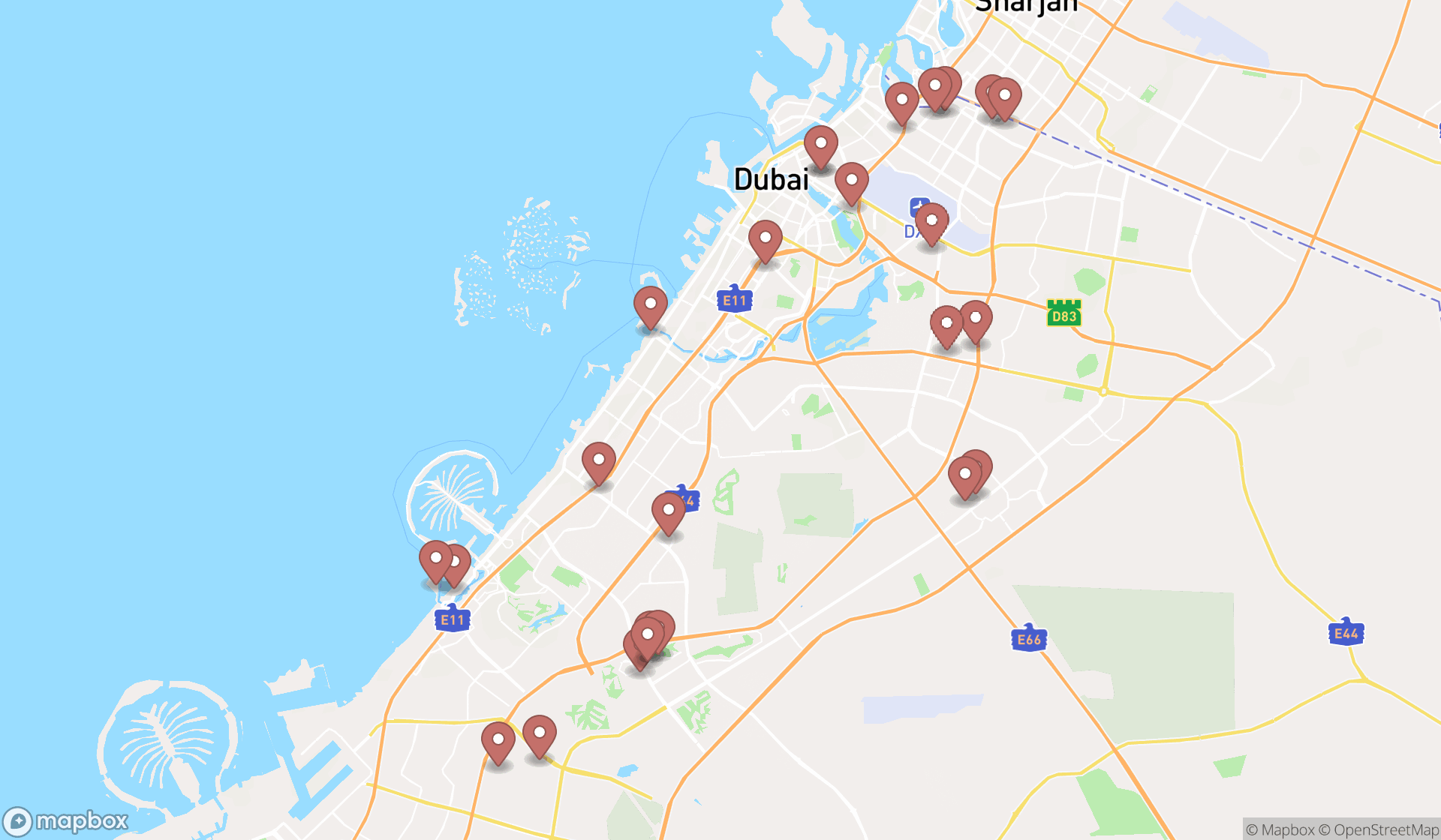 Map showing the search results in Dubai