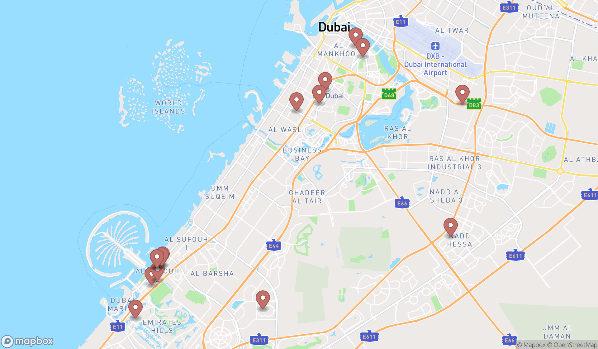 Map showing the search results in Dubai