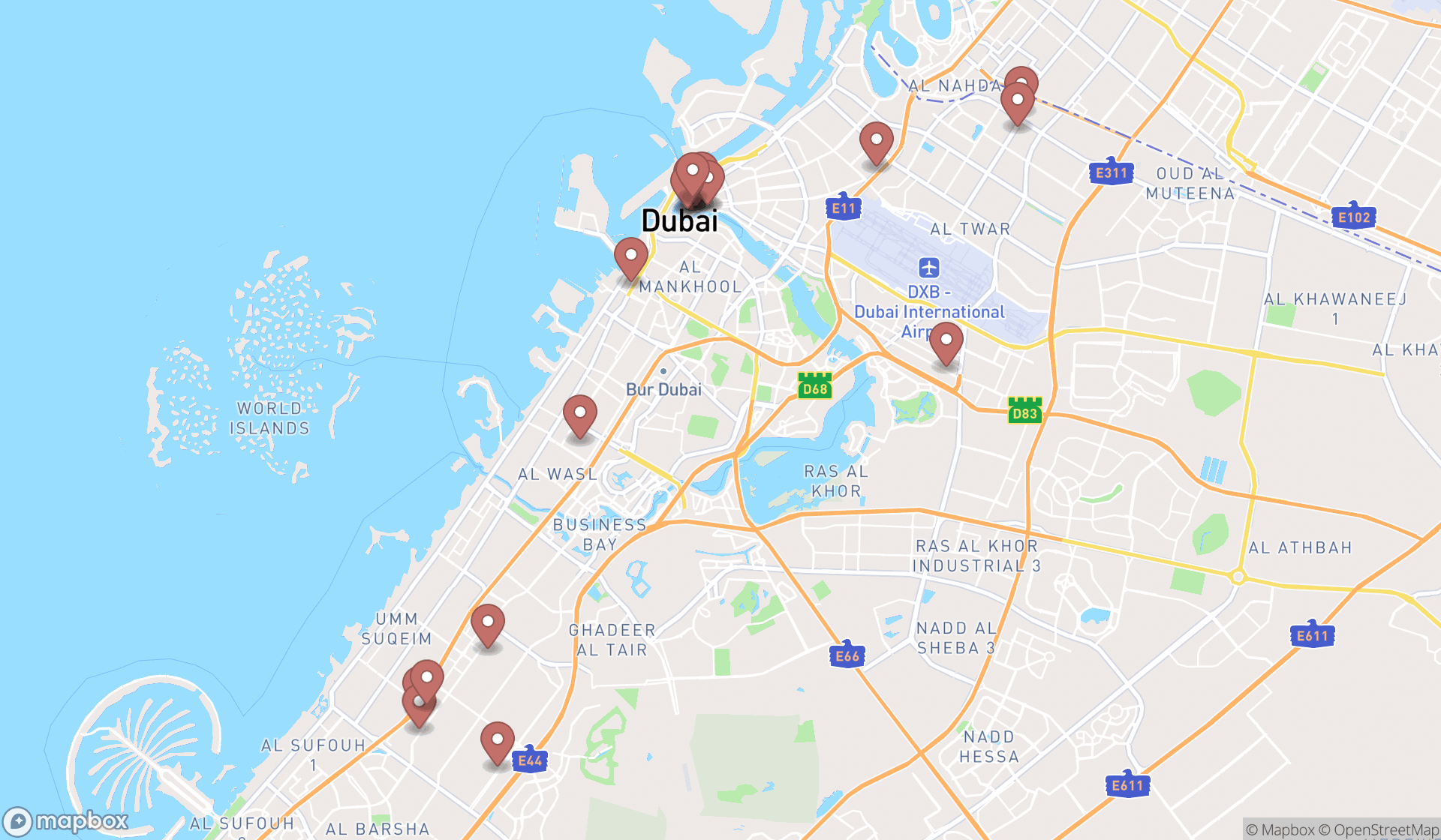 Map showing the search results in Dubai