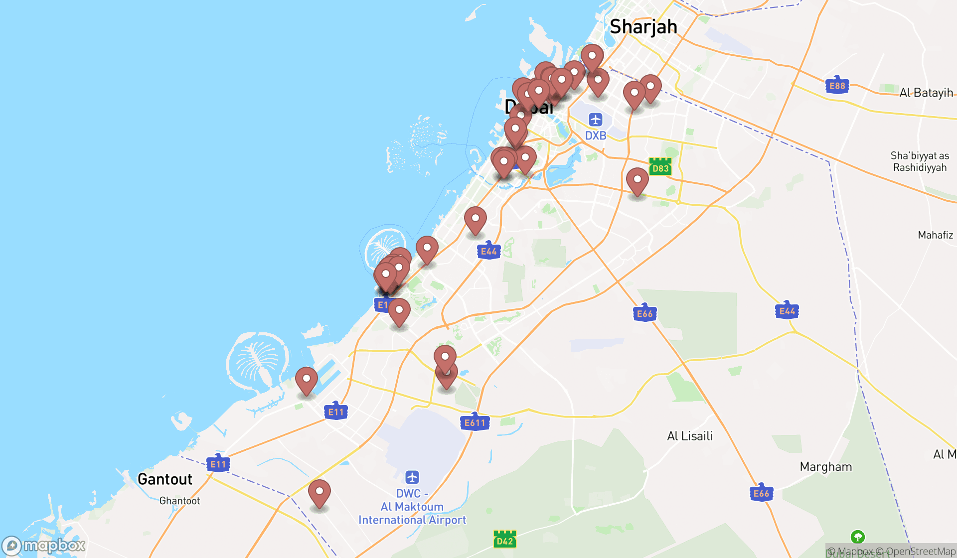 Map showing the search results in Dubai