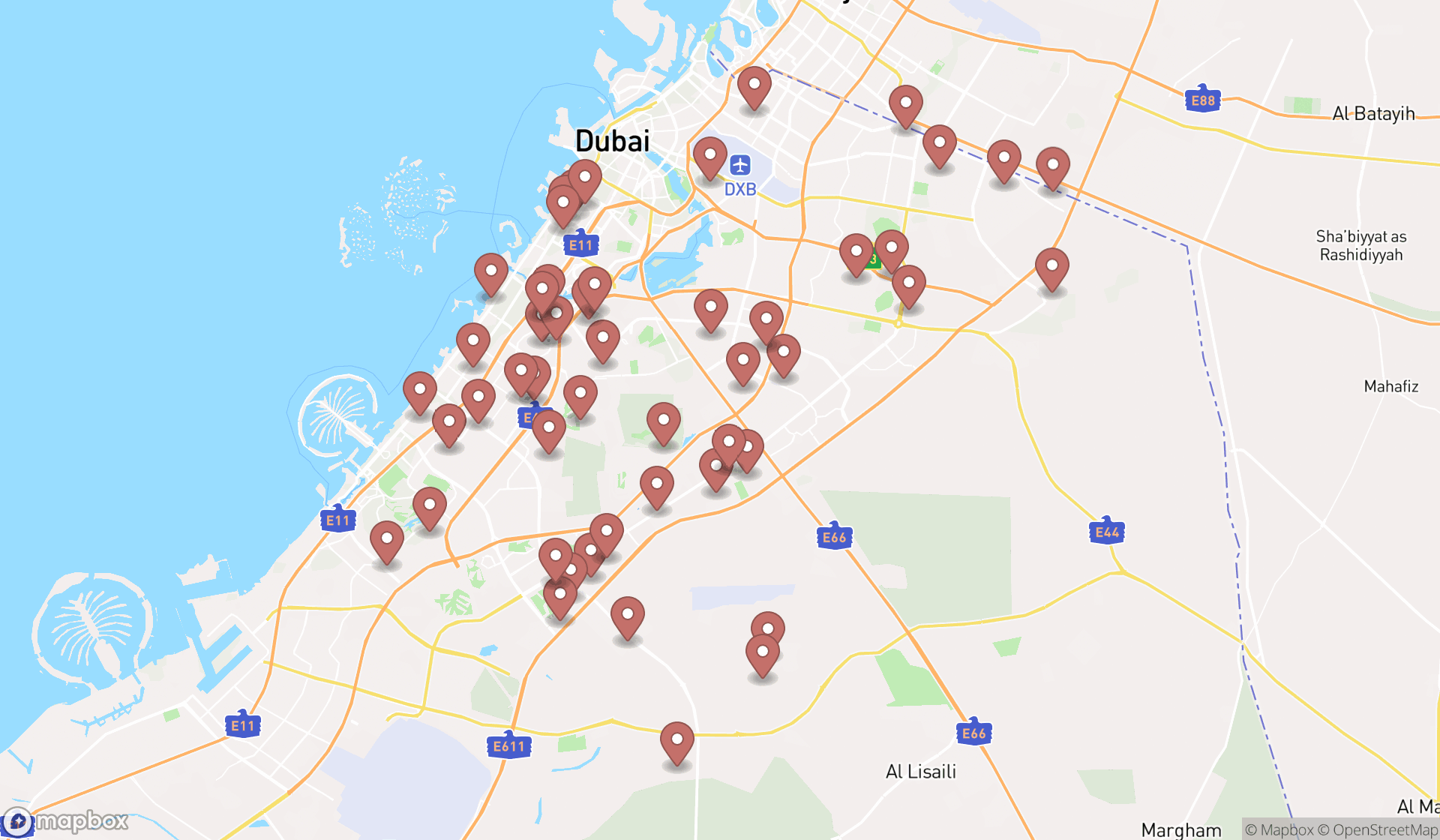 Map showing the search results in Dubai