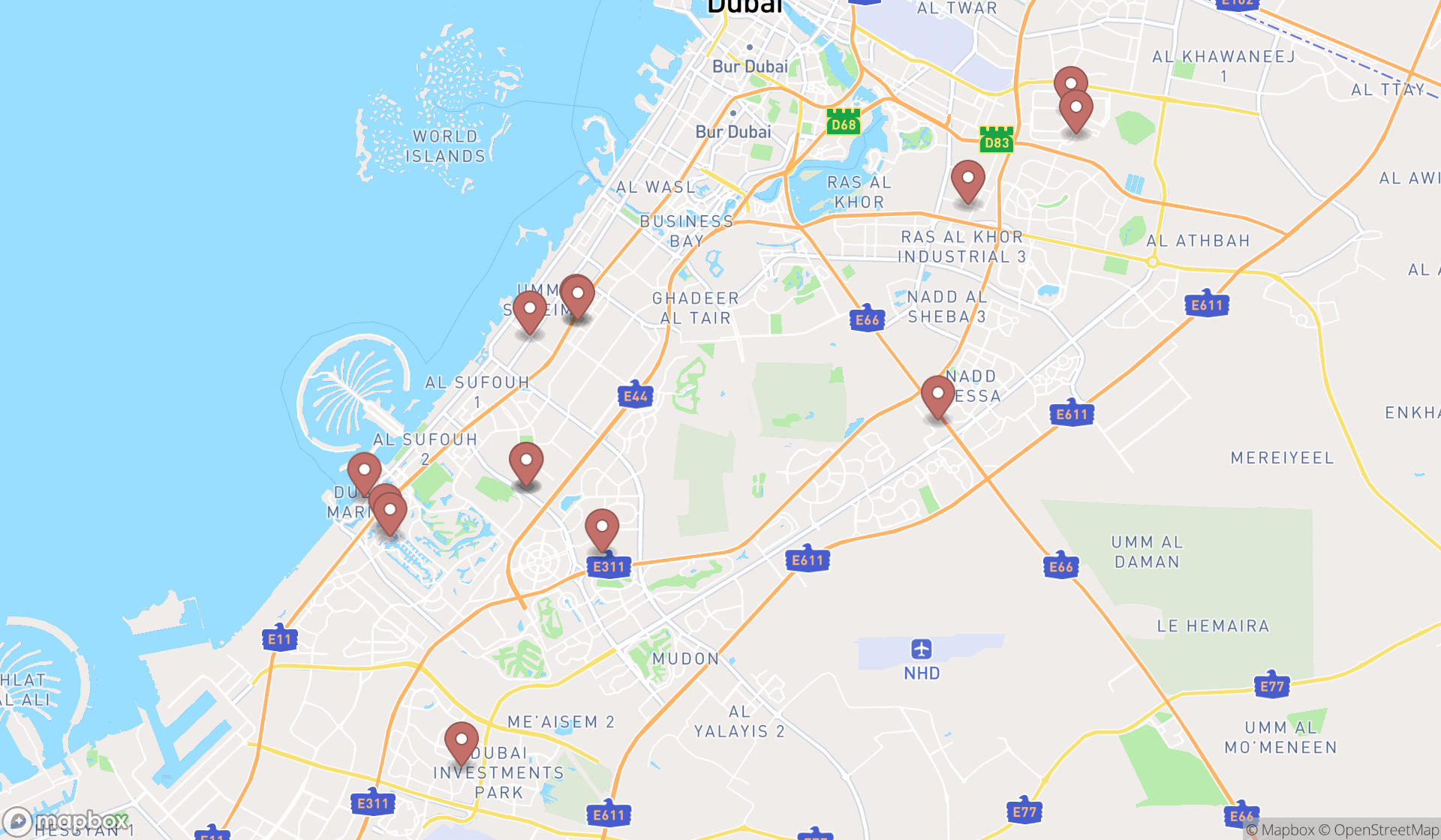 Map showing the search results in Dubai