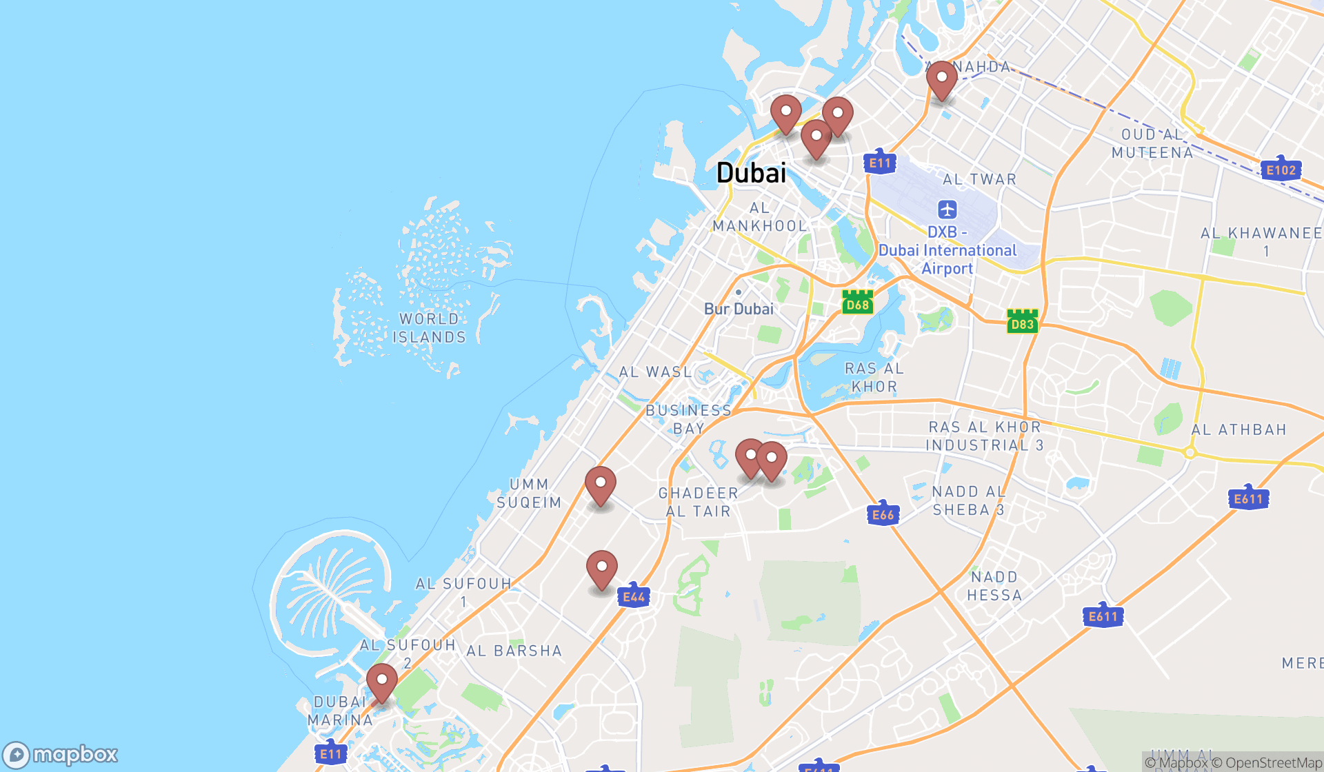 Map showing the search results in Dubai