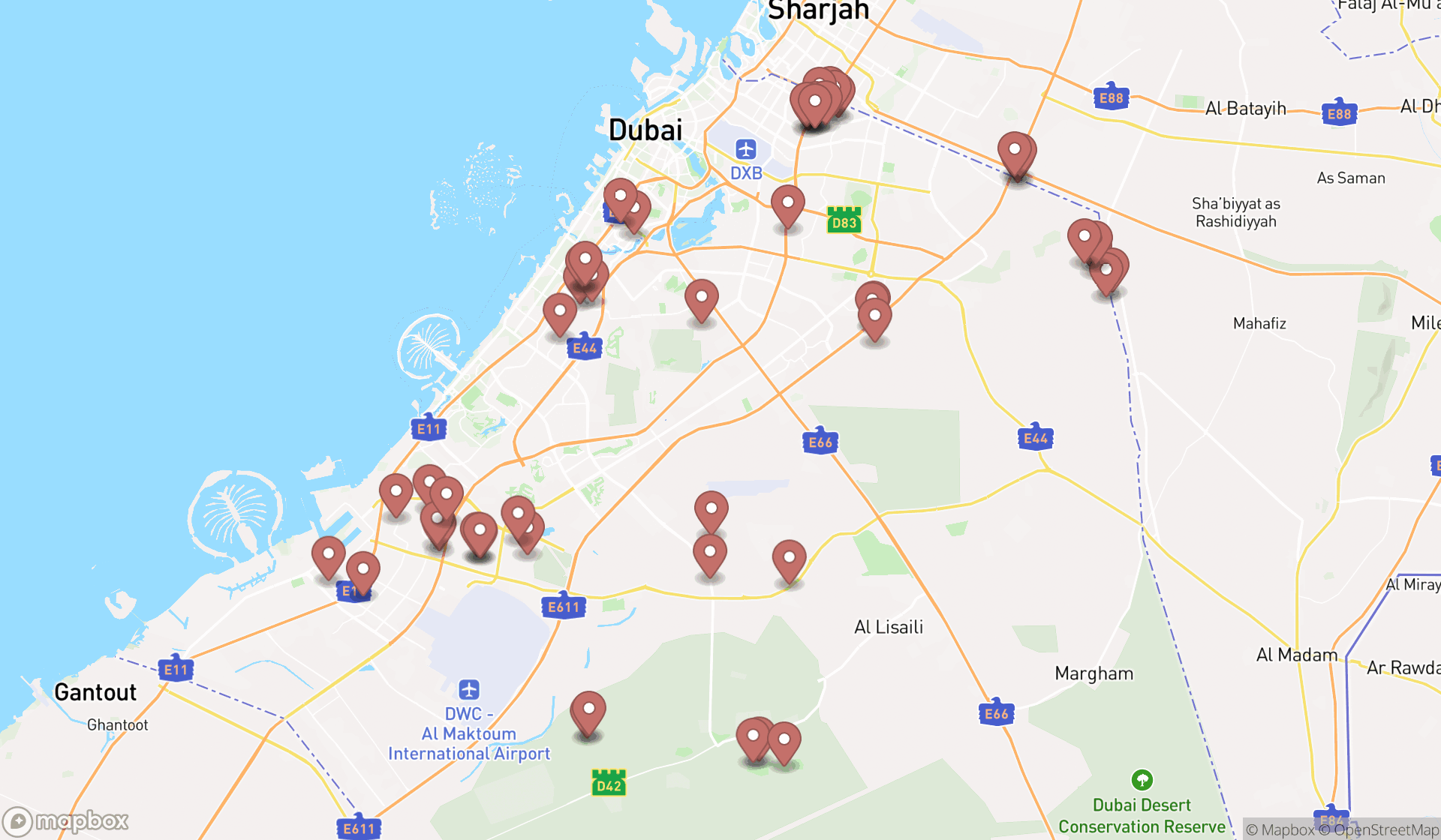 Map showing the search results in Dubai