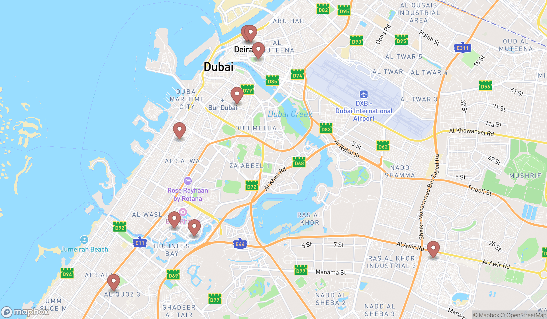 Map showing the search results in Dubai