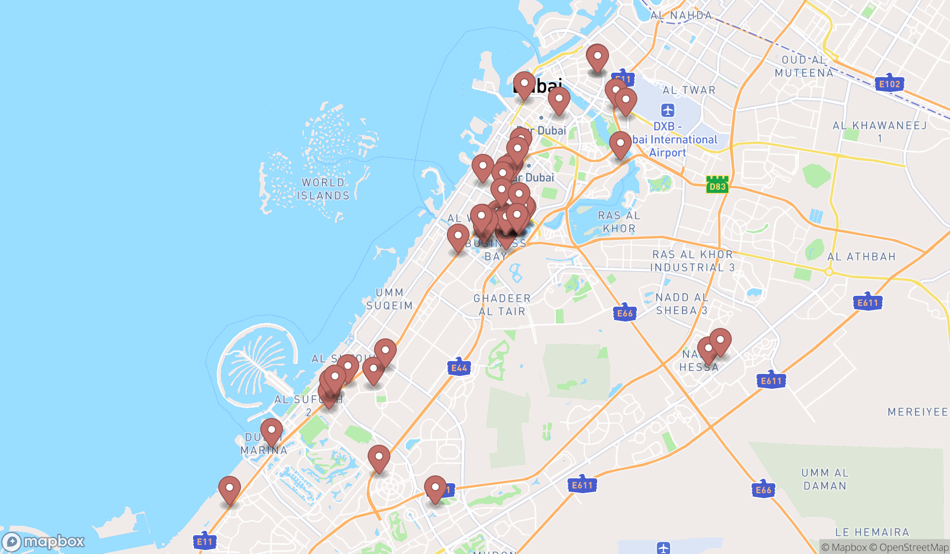 Map showing the search results in Dubai