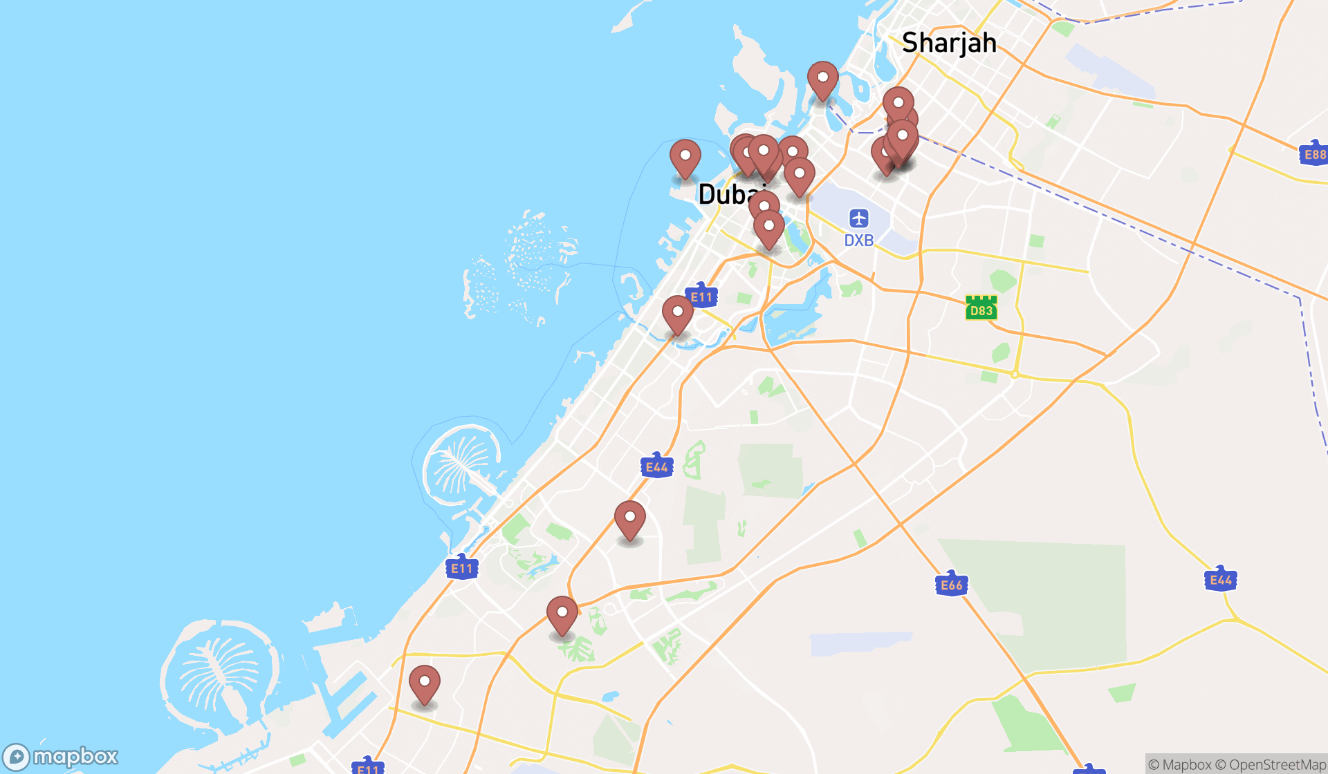 Map showing the search results in Dubai
