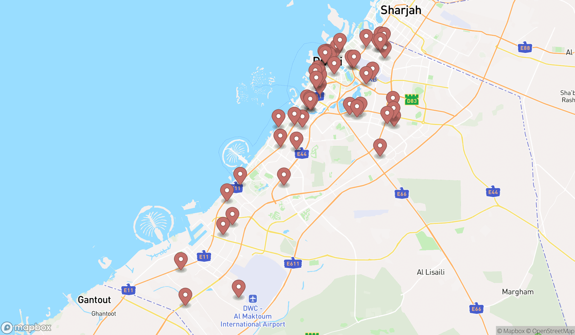 Map showing the search results in Dubai