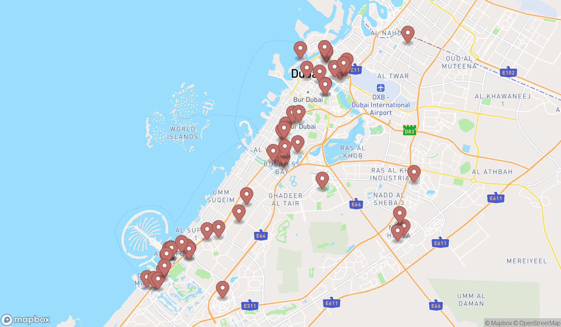Map showing the search results in Dubai