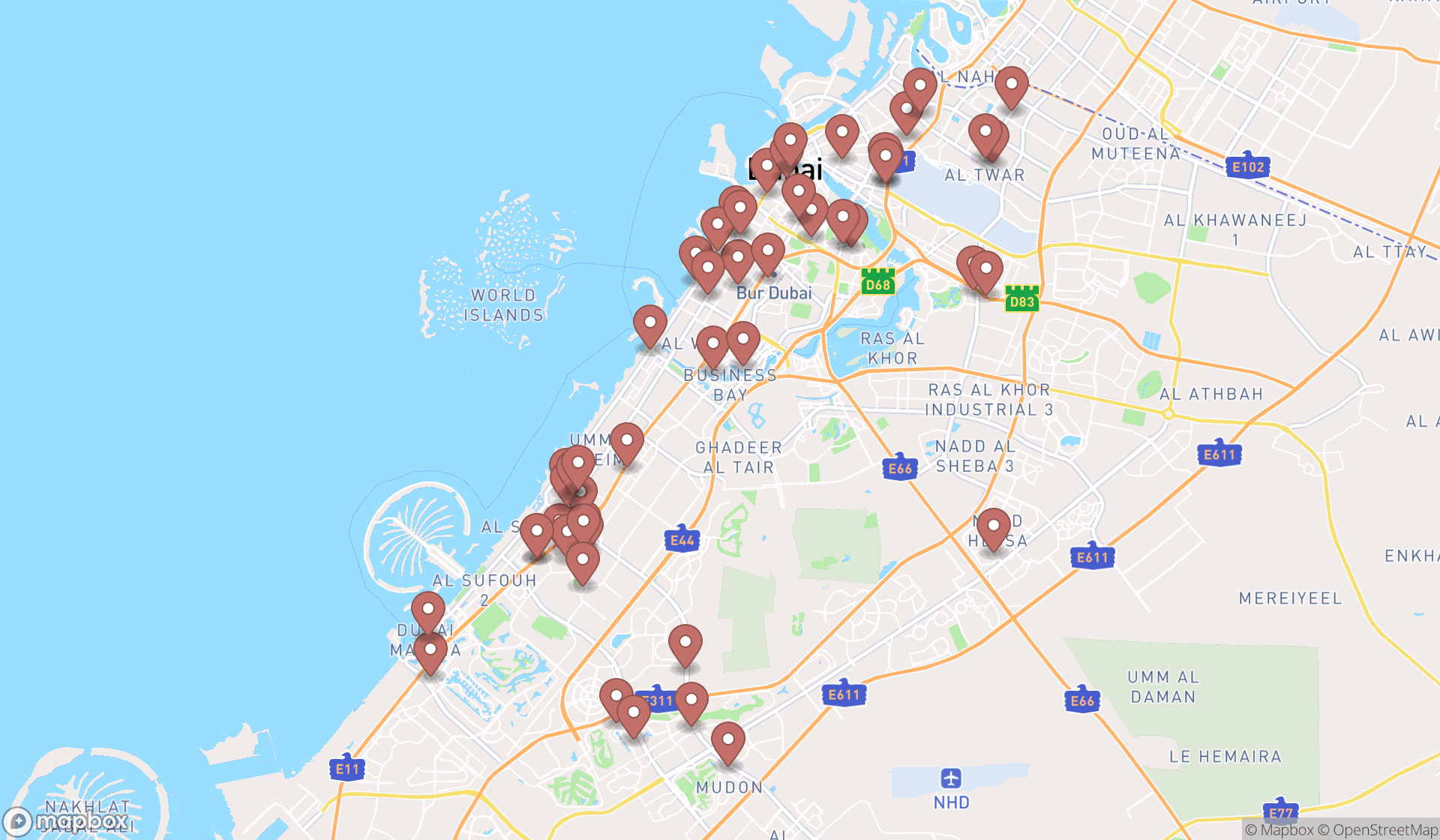 Map showing the search results in Dubai