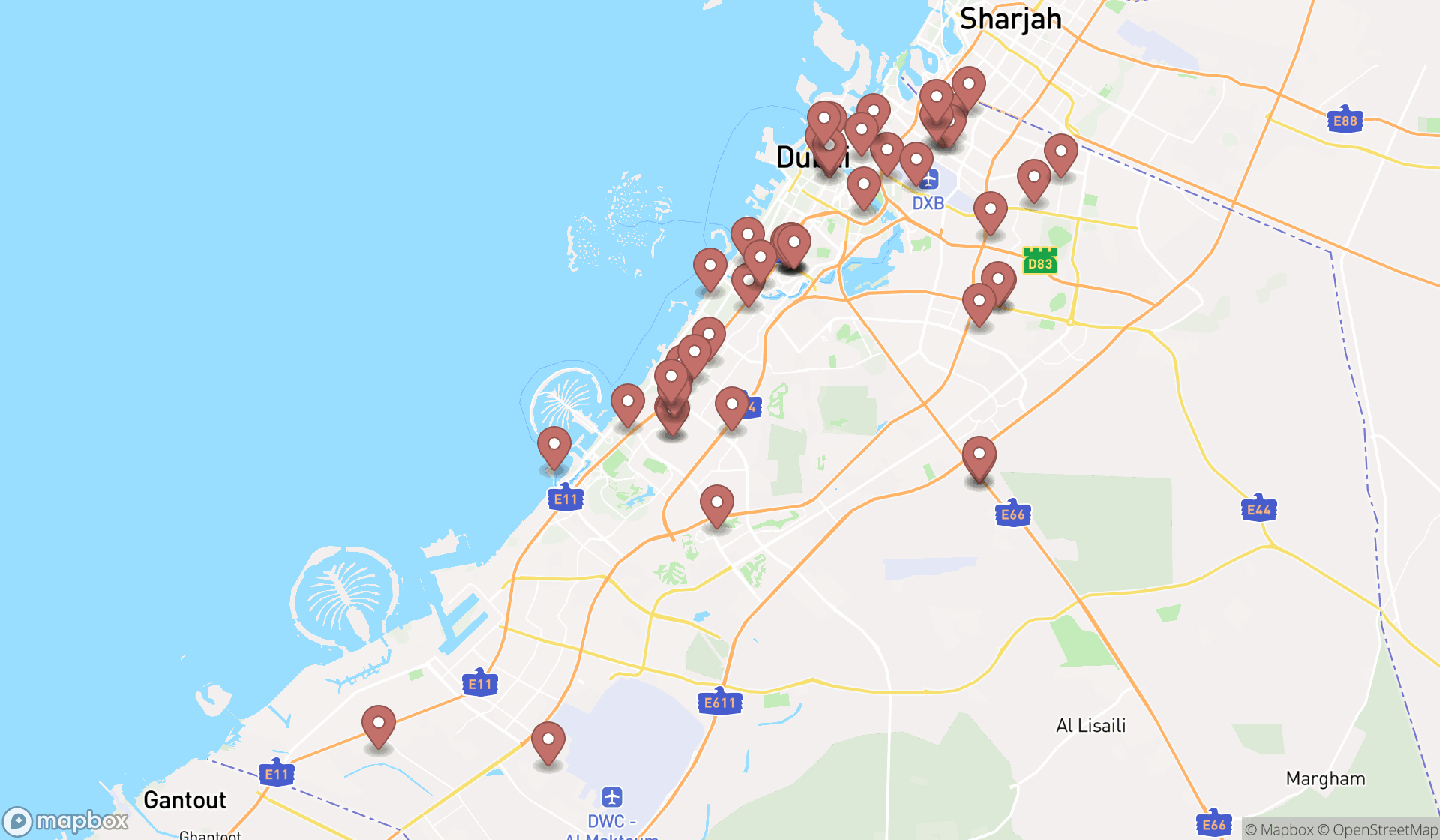 Map showing the search results in Dubai