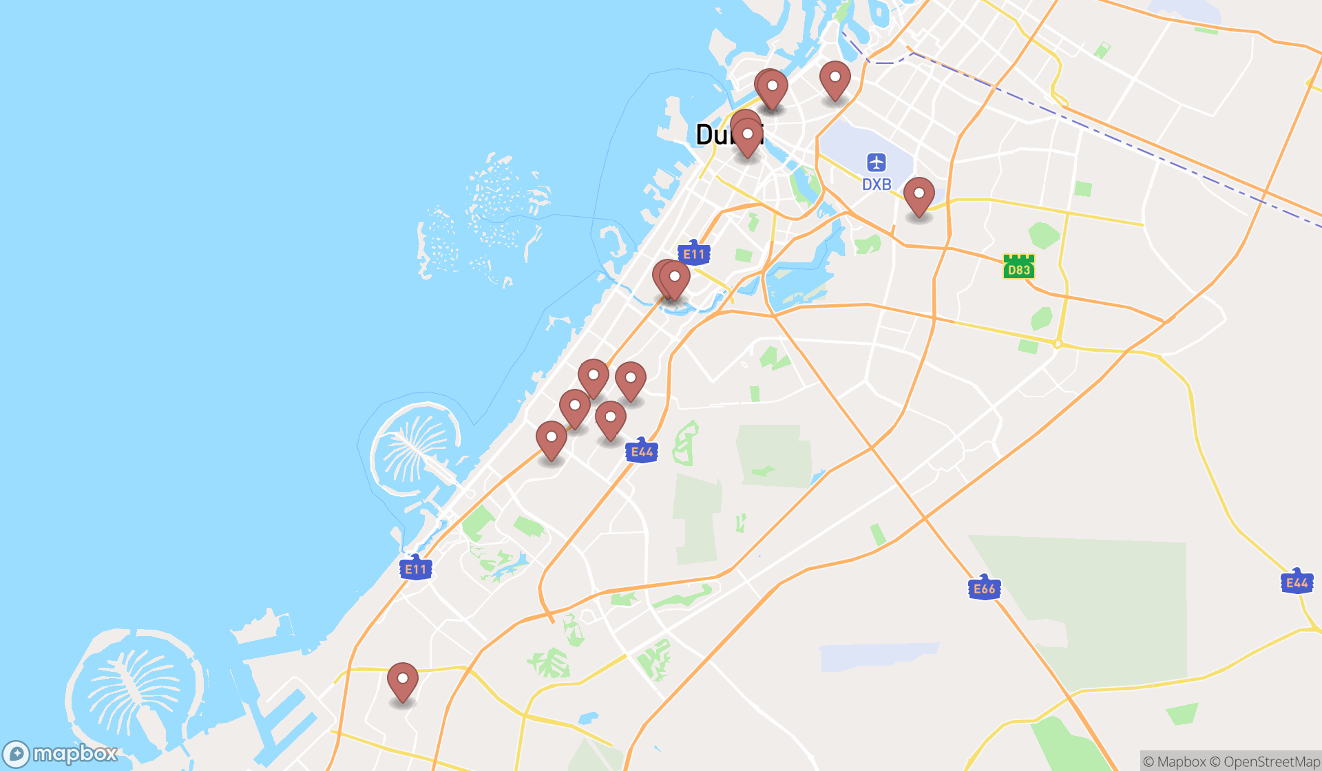 Map showing the search results in Dubai