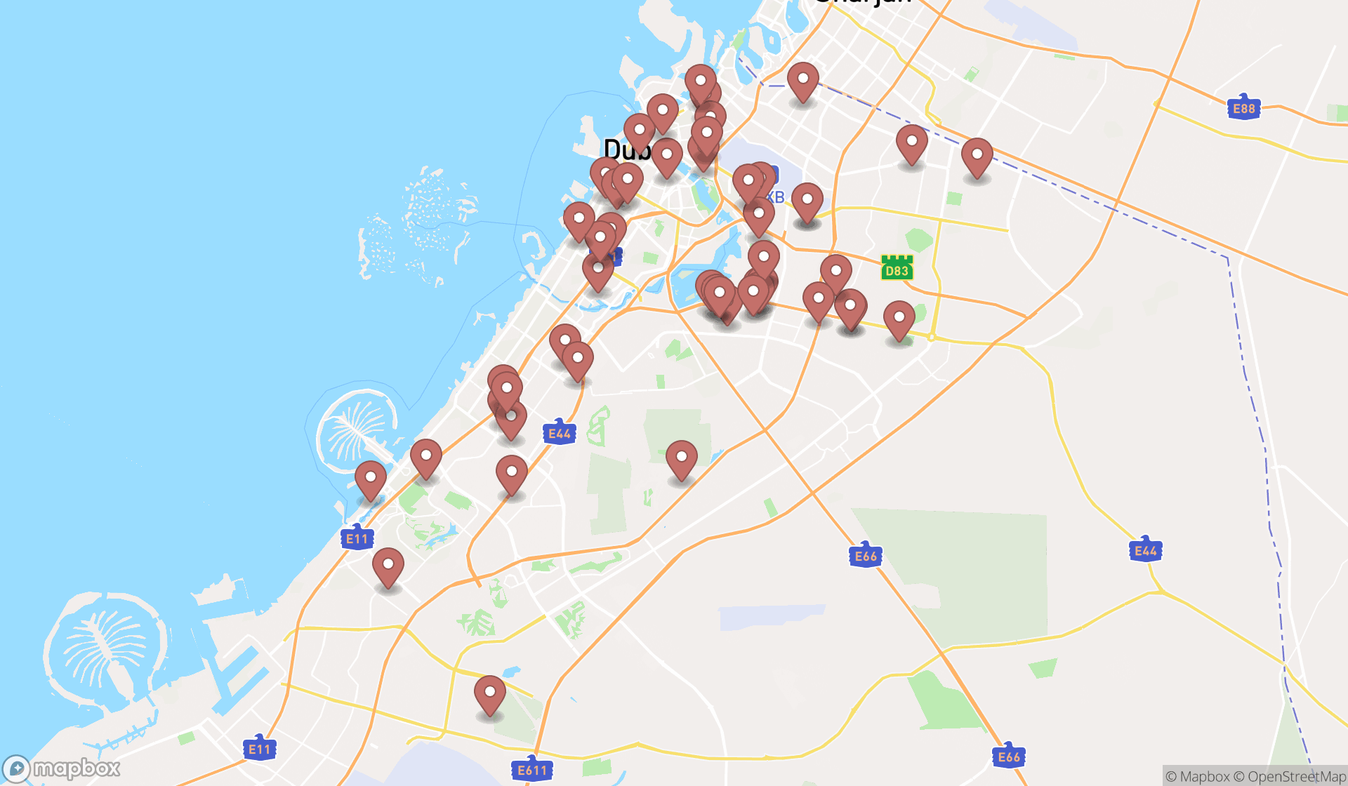 Map showing the search results in Dubai