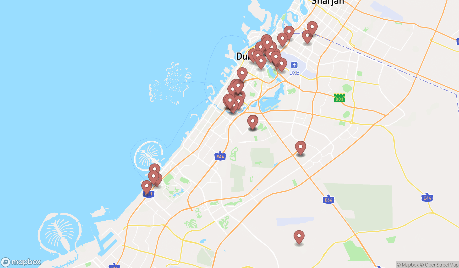 Map showing the search results in Dubai