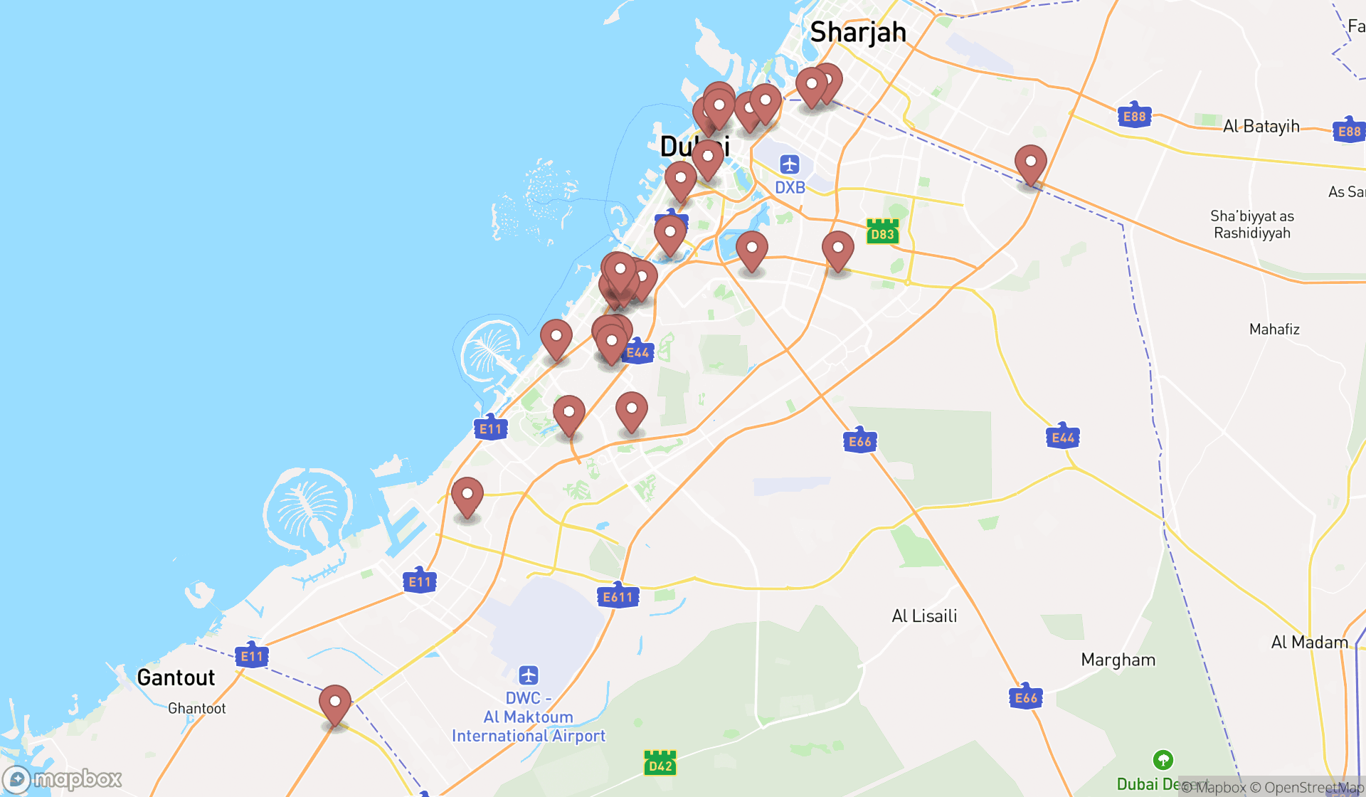Map showing the search results in Dubai