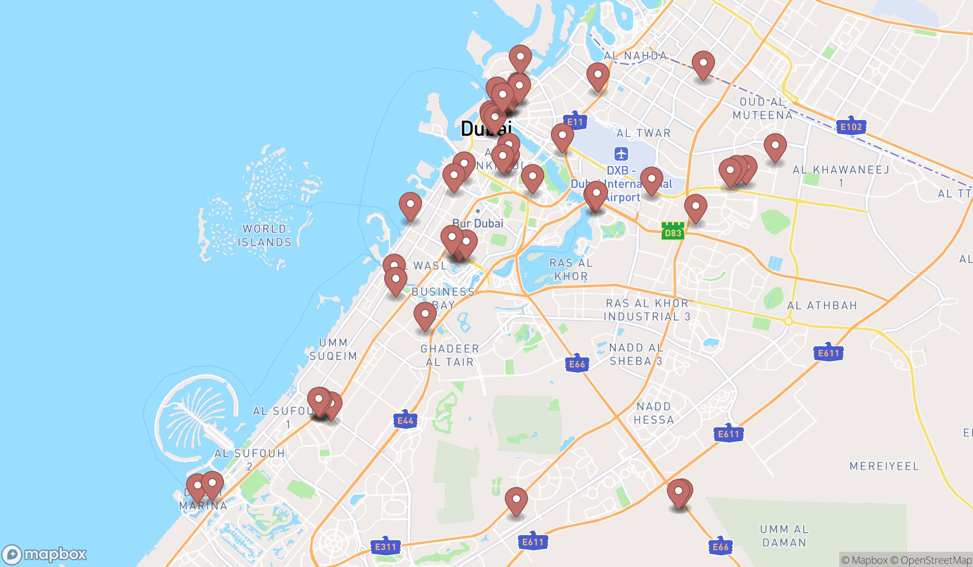 Map showing the search results in Dubai