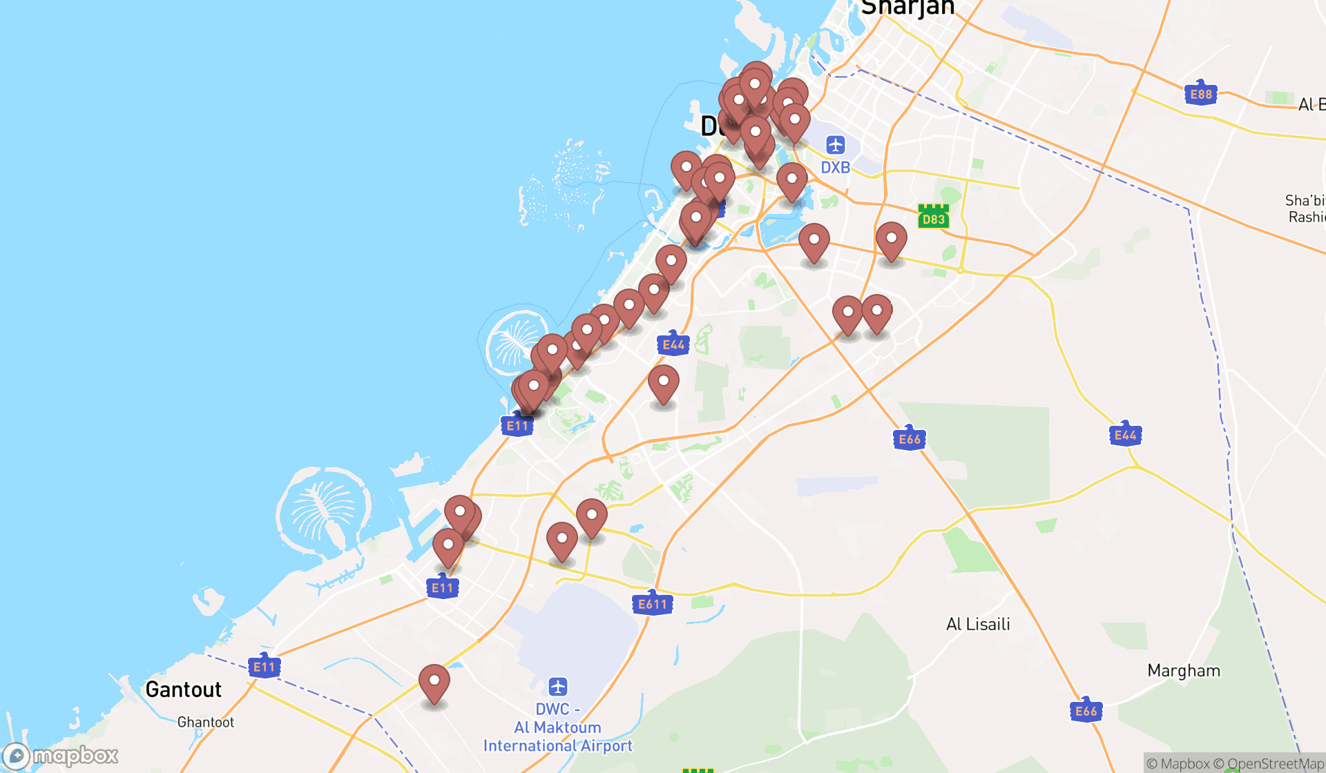 Map showing the search results in Dubai