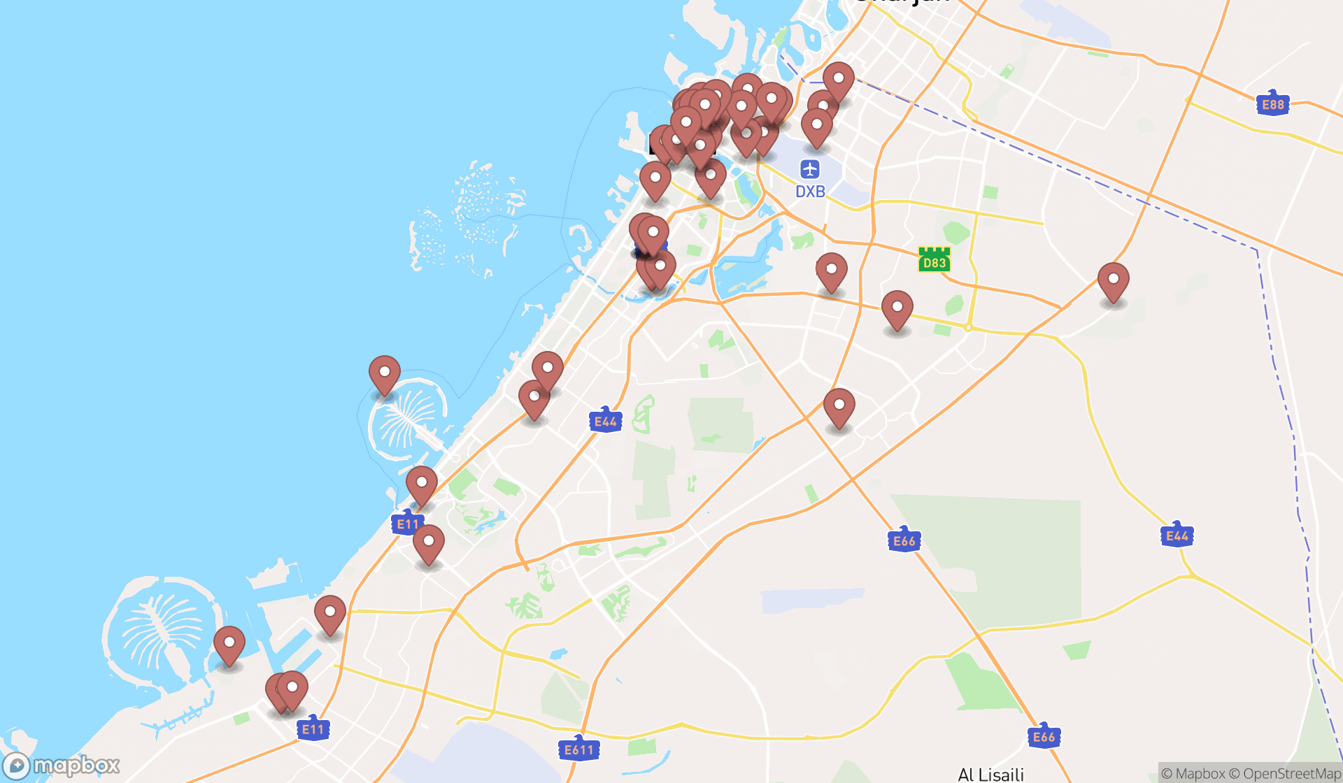 Map showing the search results in Dubai