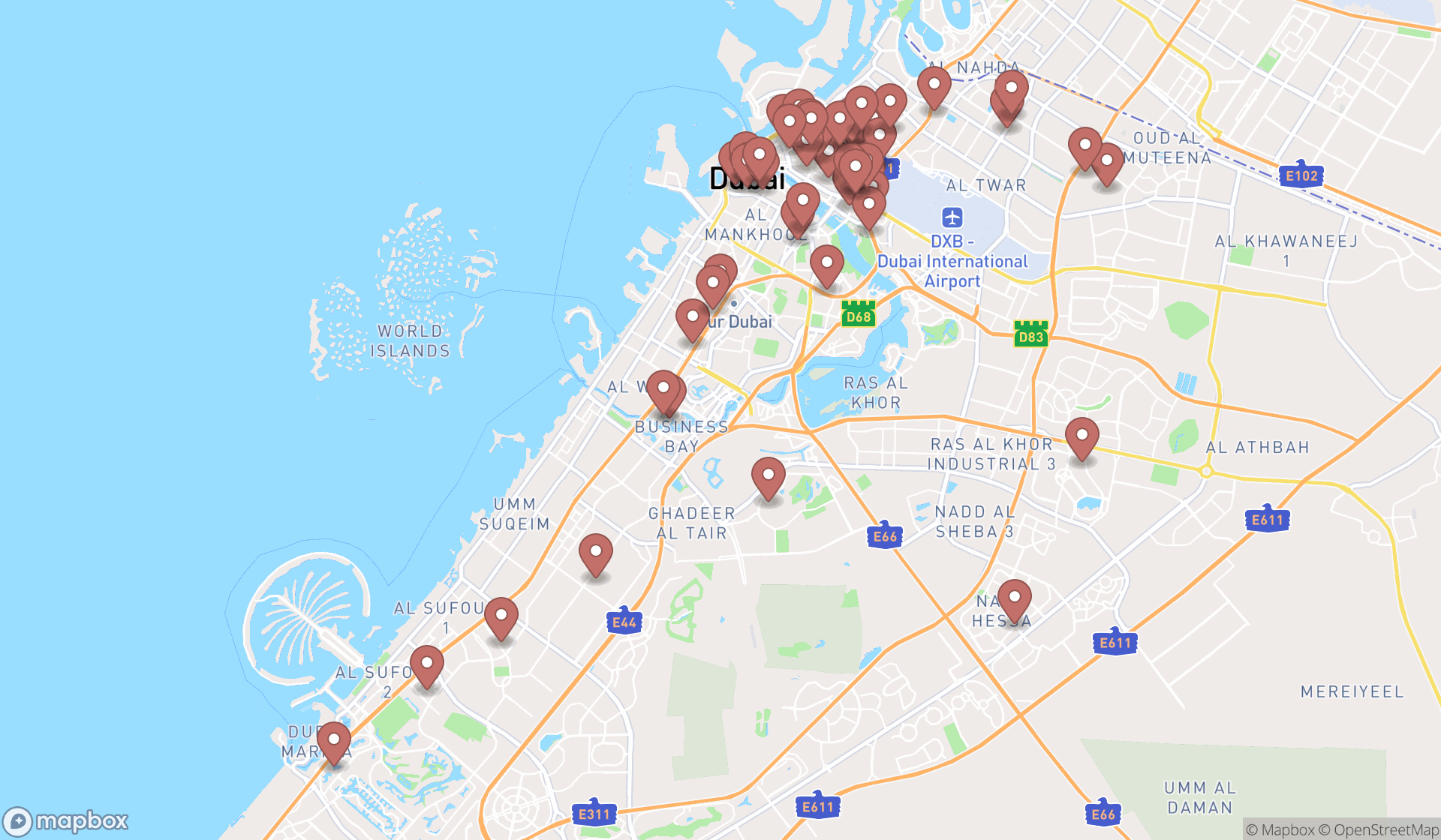 Map showing the search results in Dubai