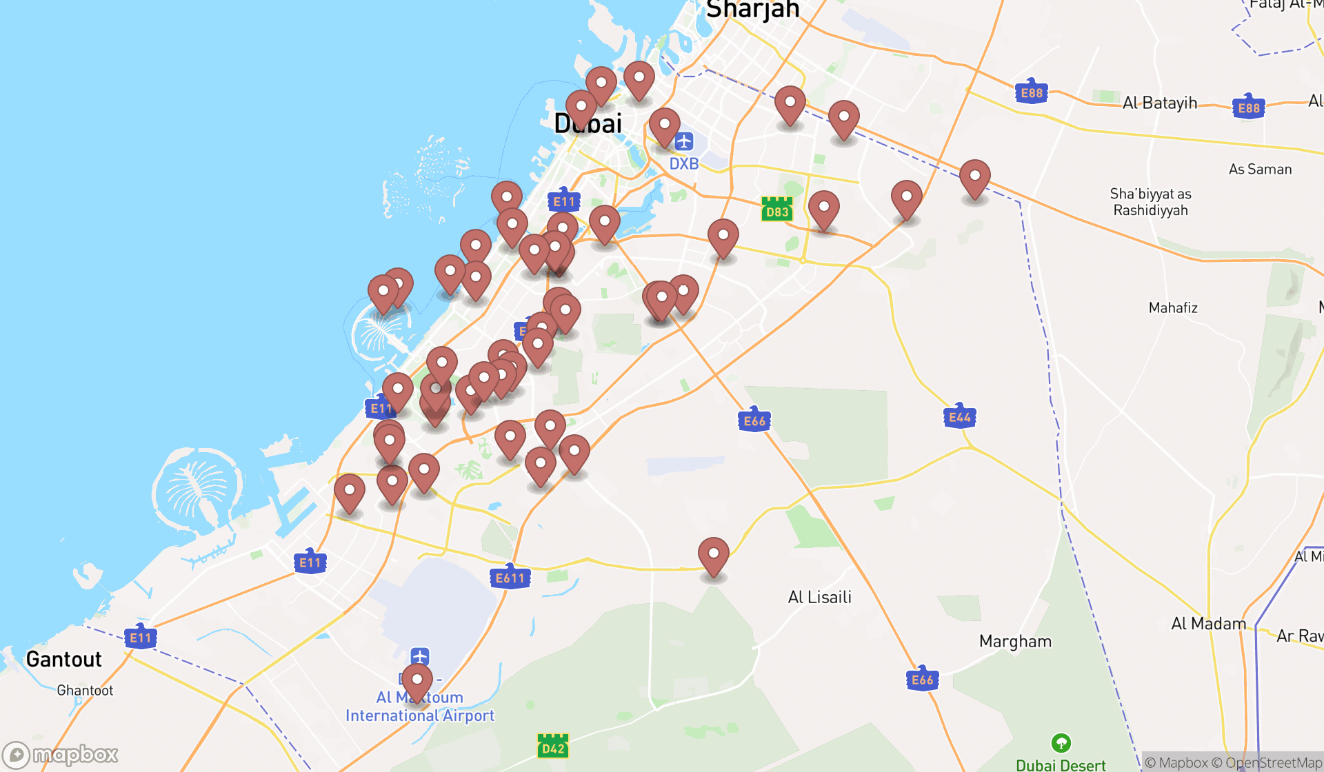Map showing the search results in Dubai