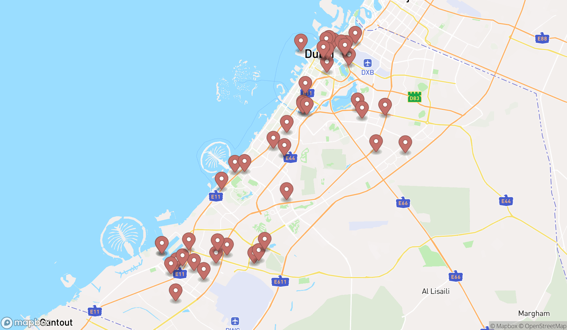 Map showing the search results in Dubai