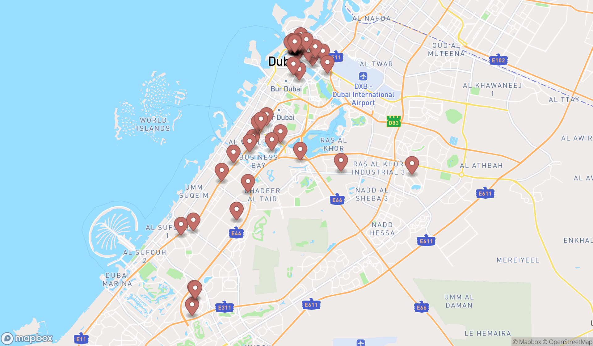 Map showing the search results in Dubai