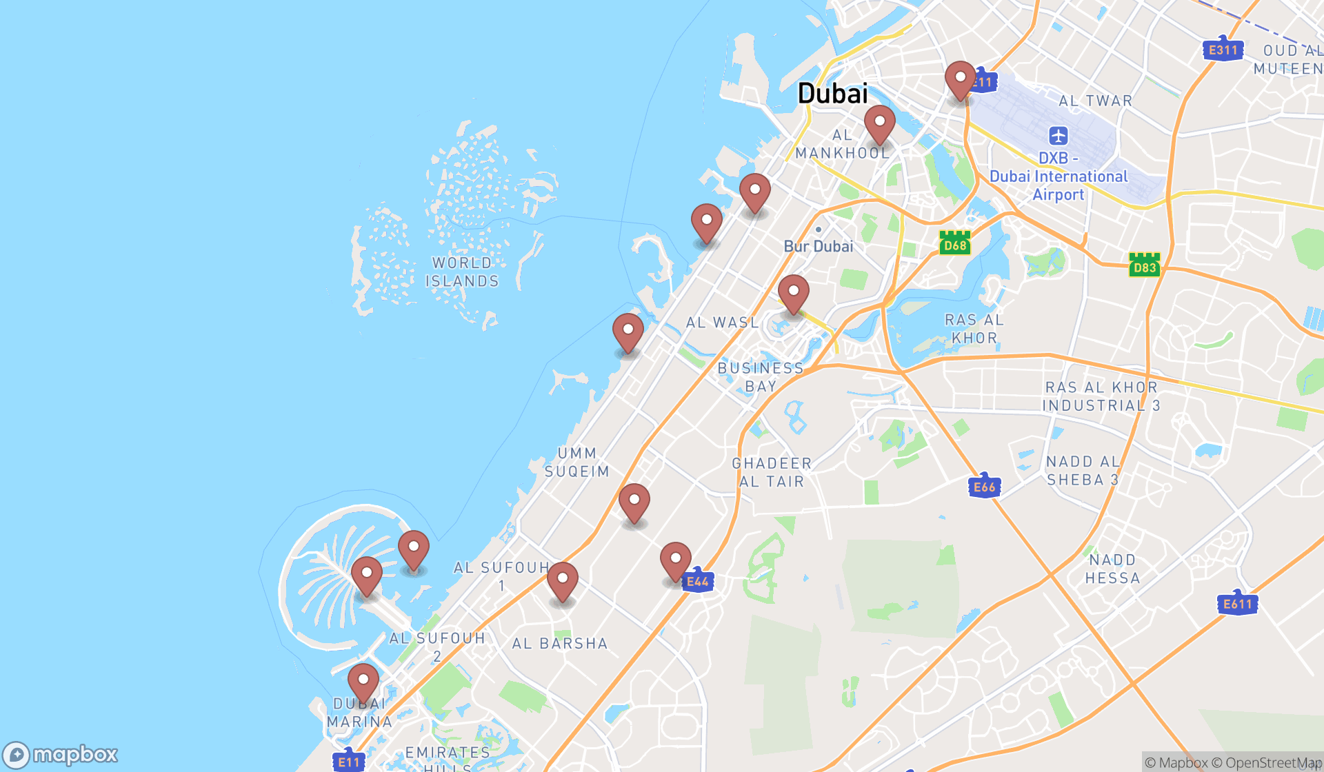 Map showing the search results in Dubai