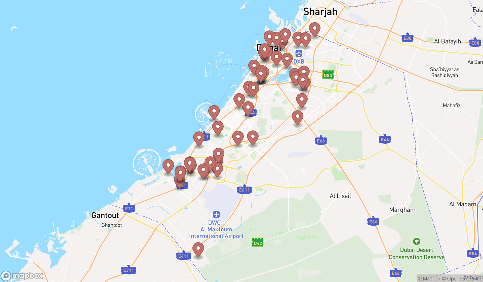 Map showing the search results in Dubai