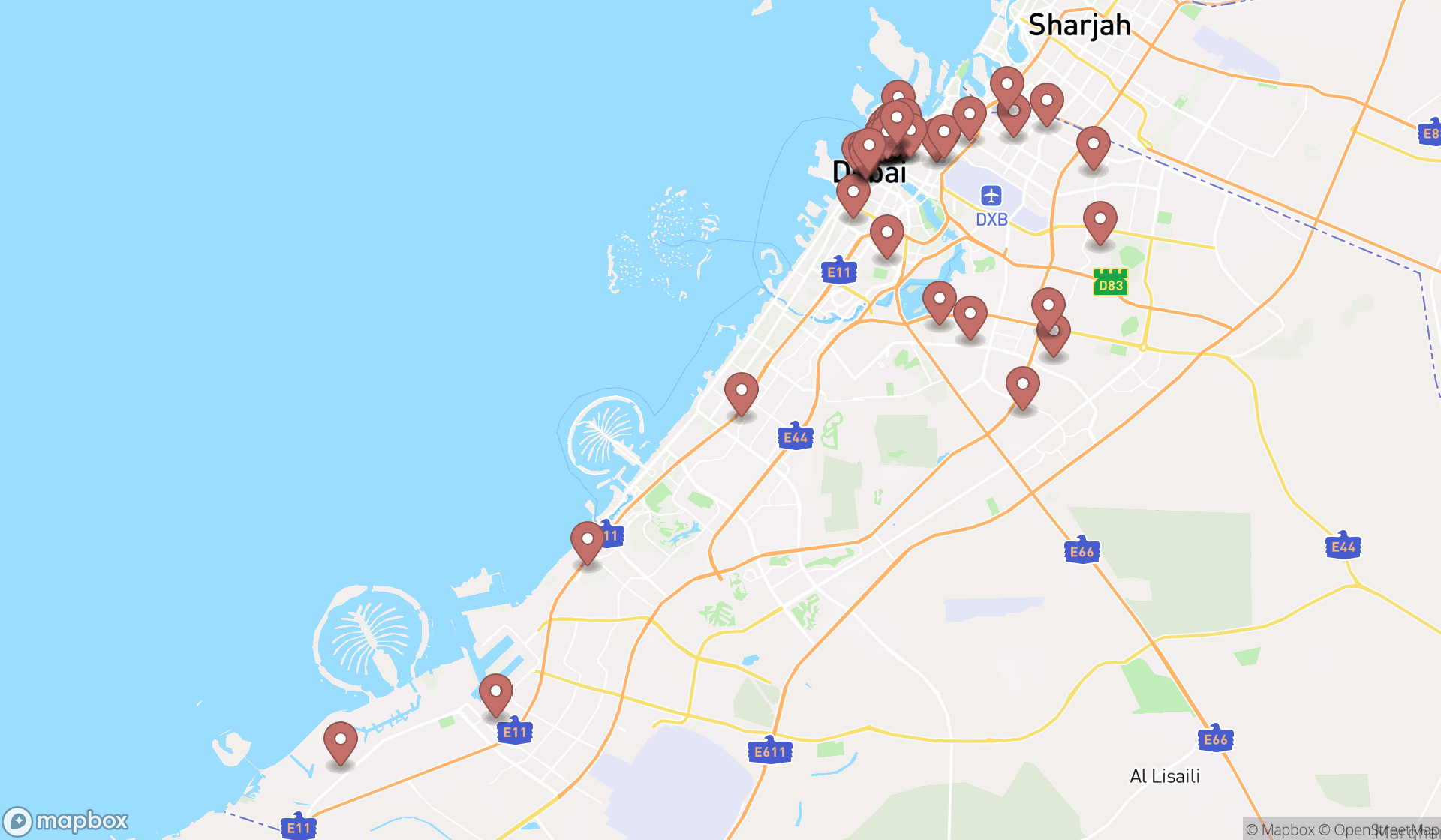 Map showing the search results in Dubai