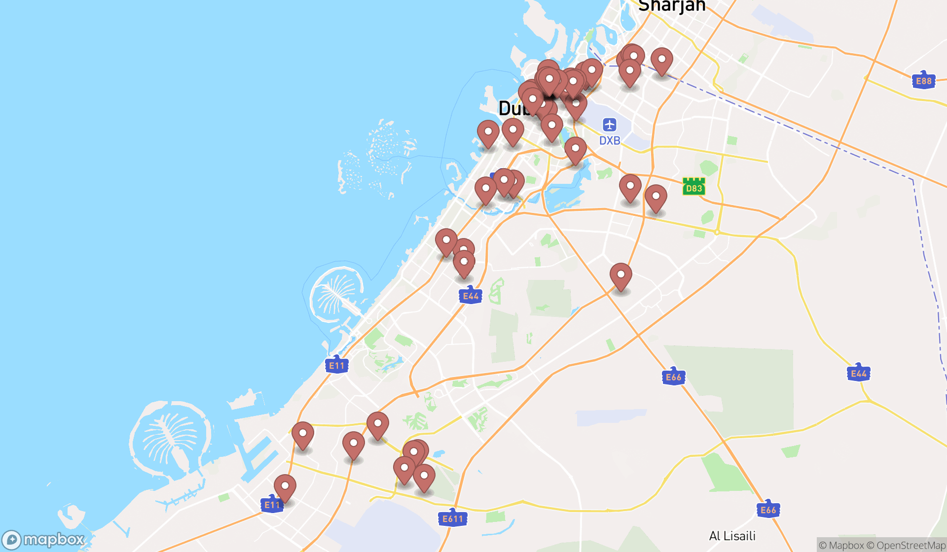Map showing the search results in Dubai