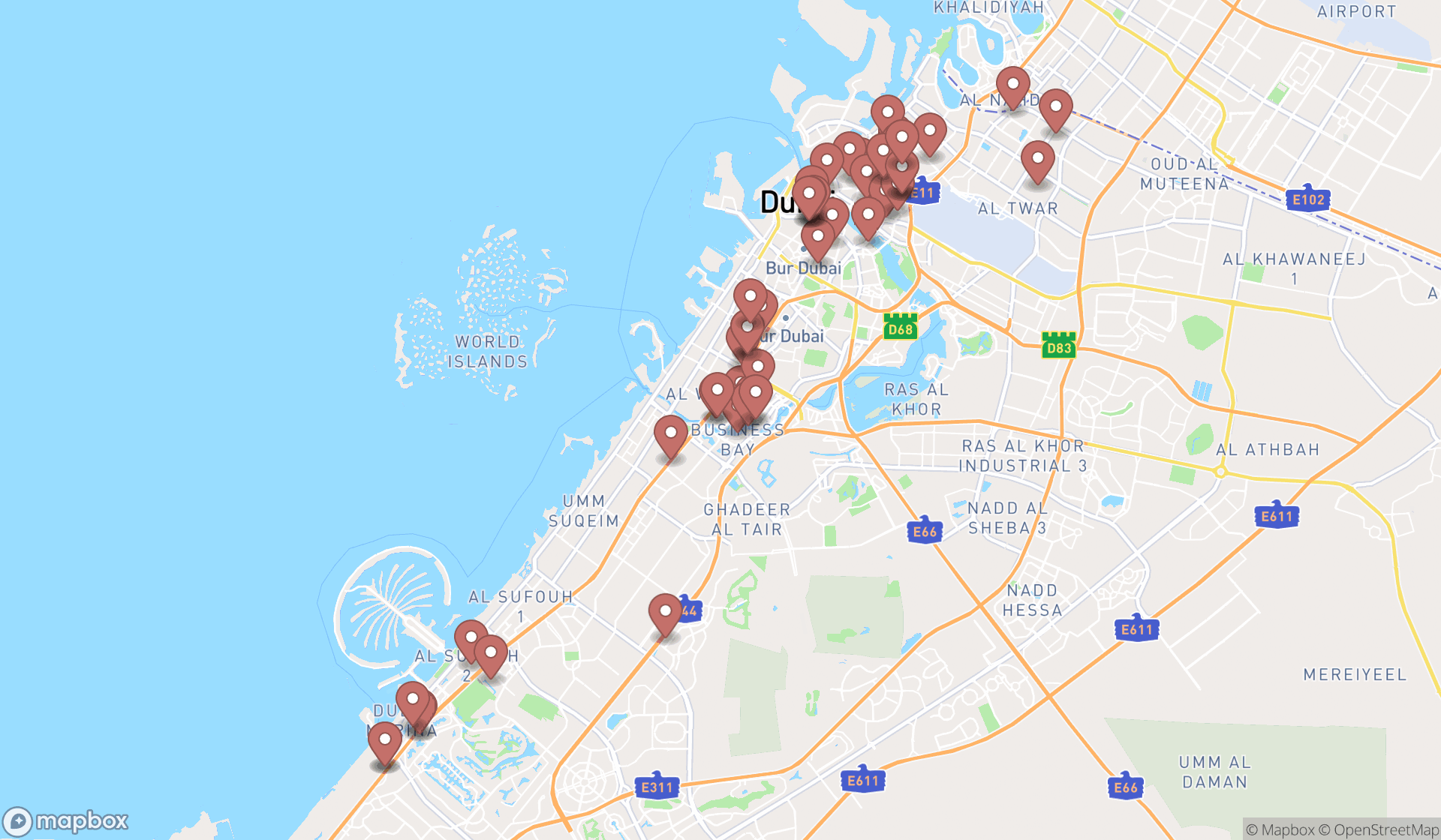 Map showing the search results in Dubai