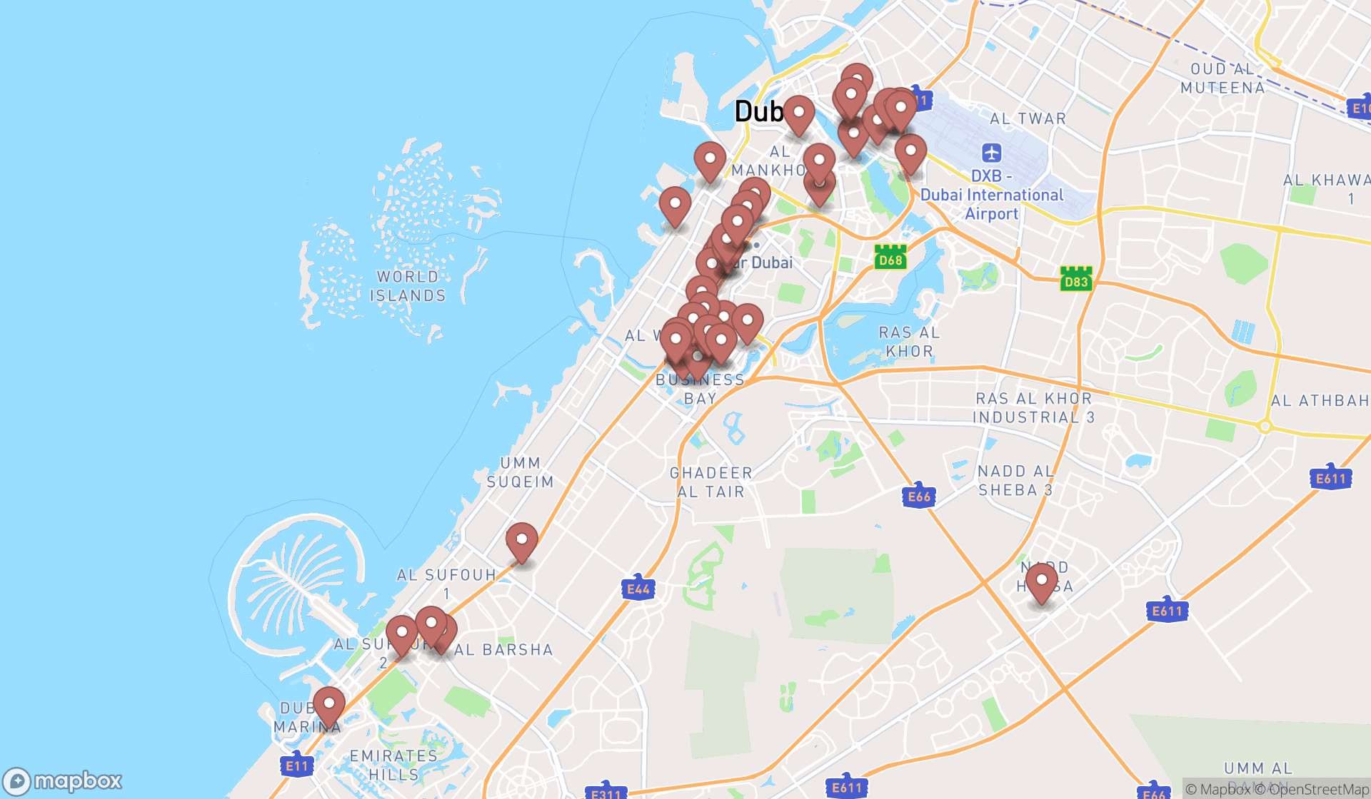 Map showing the search results in Dubai