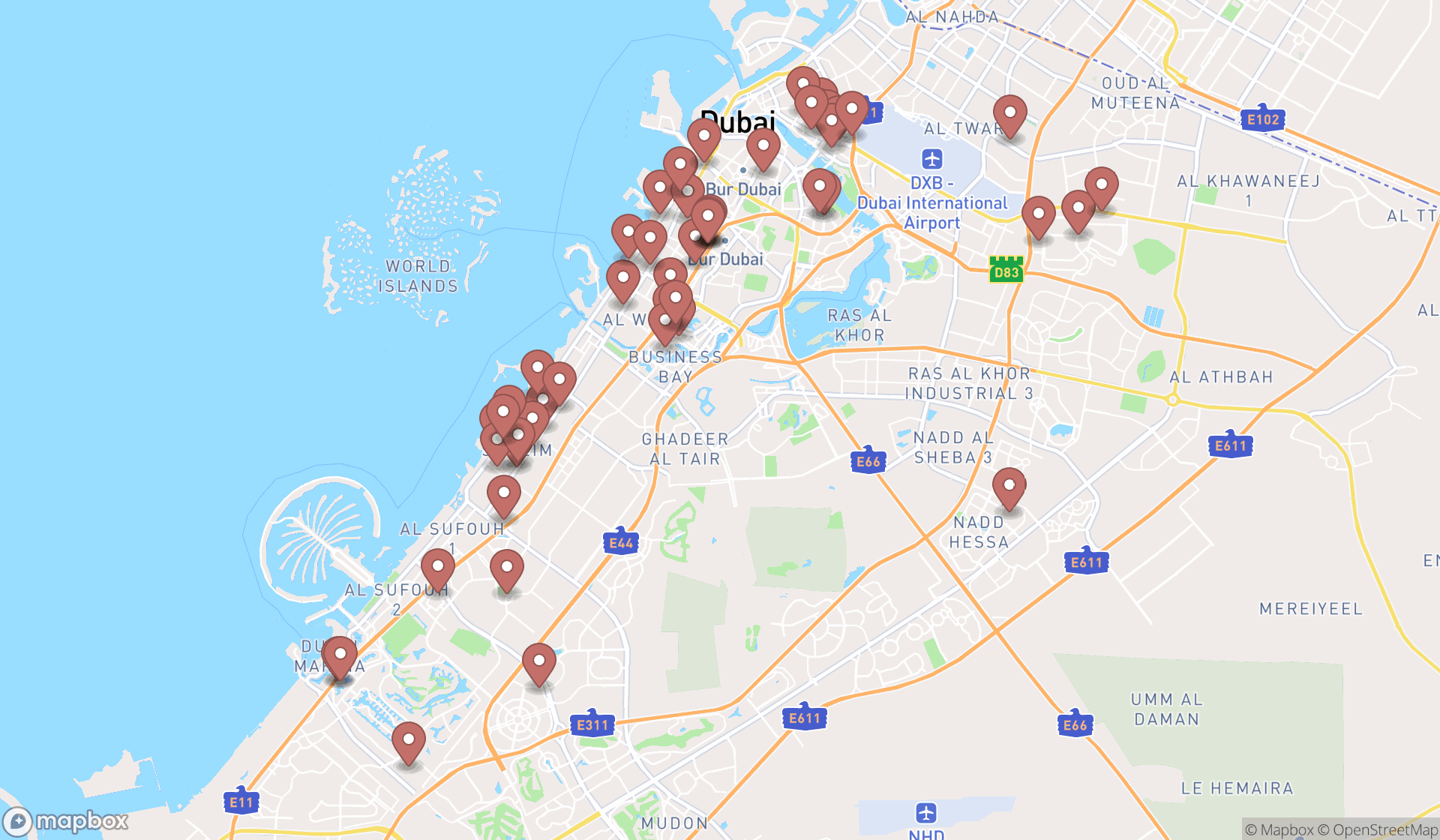 Map showing the search results in Dubai